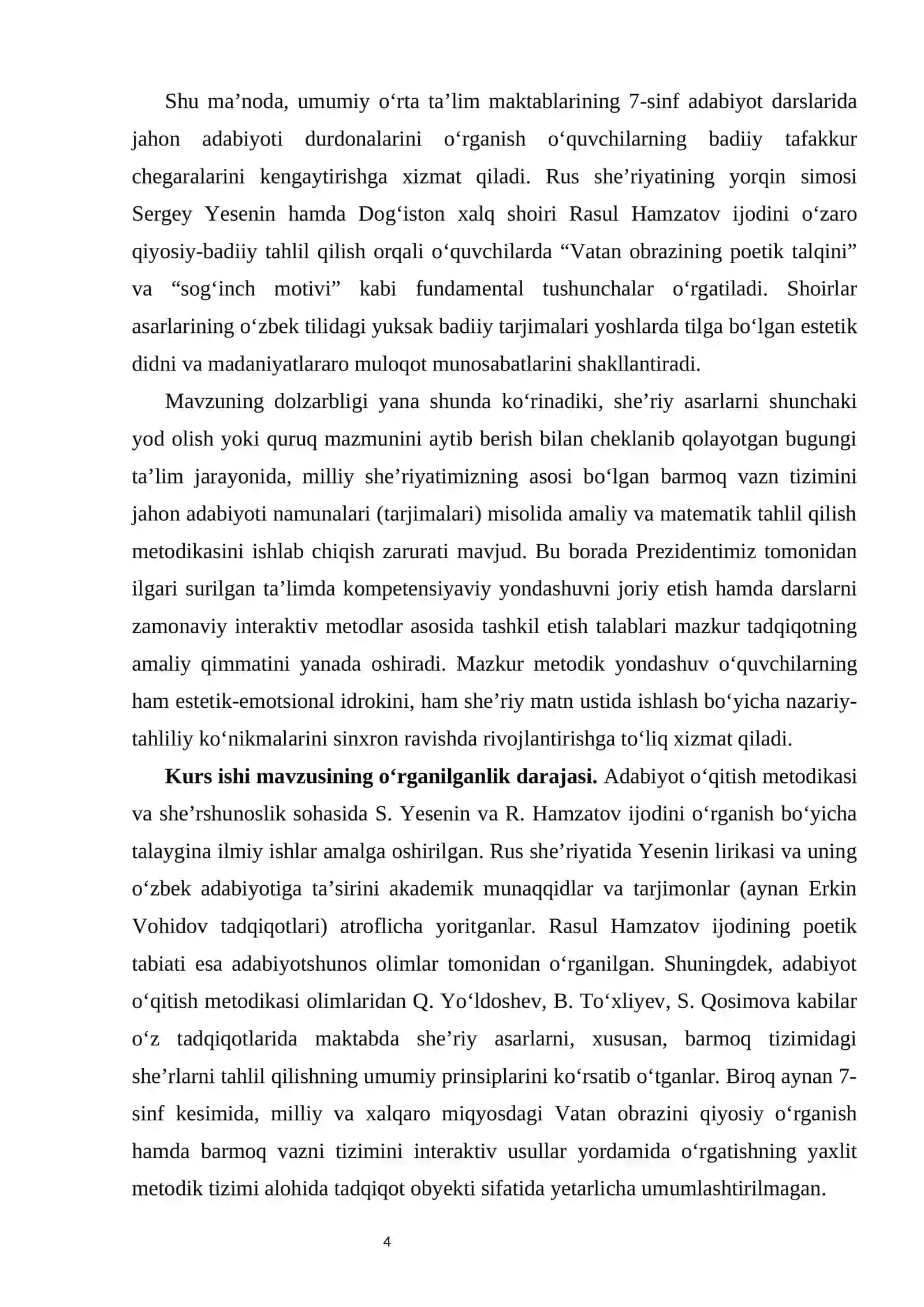 Mavzu:  7-sinfda Sergey Yesenin “Shahinam, o, mening Shahinam”, Rasul Hamzatov “Qushqanotli, hoy karvon” she’rlarini tahlil qilish, solishtirish va barmoq tizimini o‘rganish 4