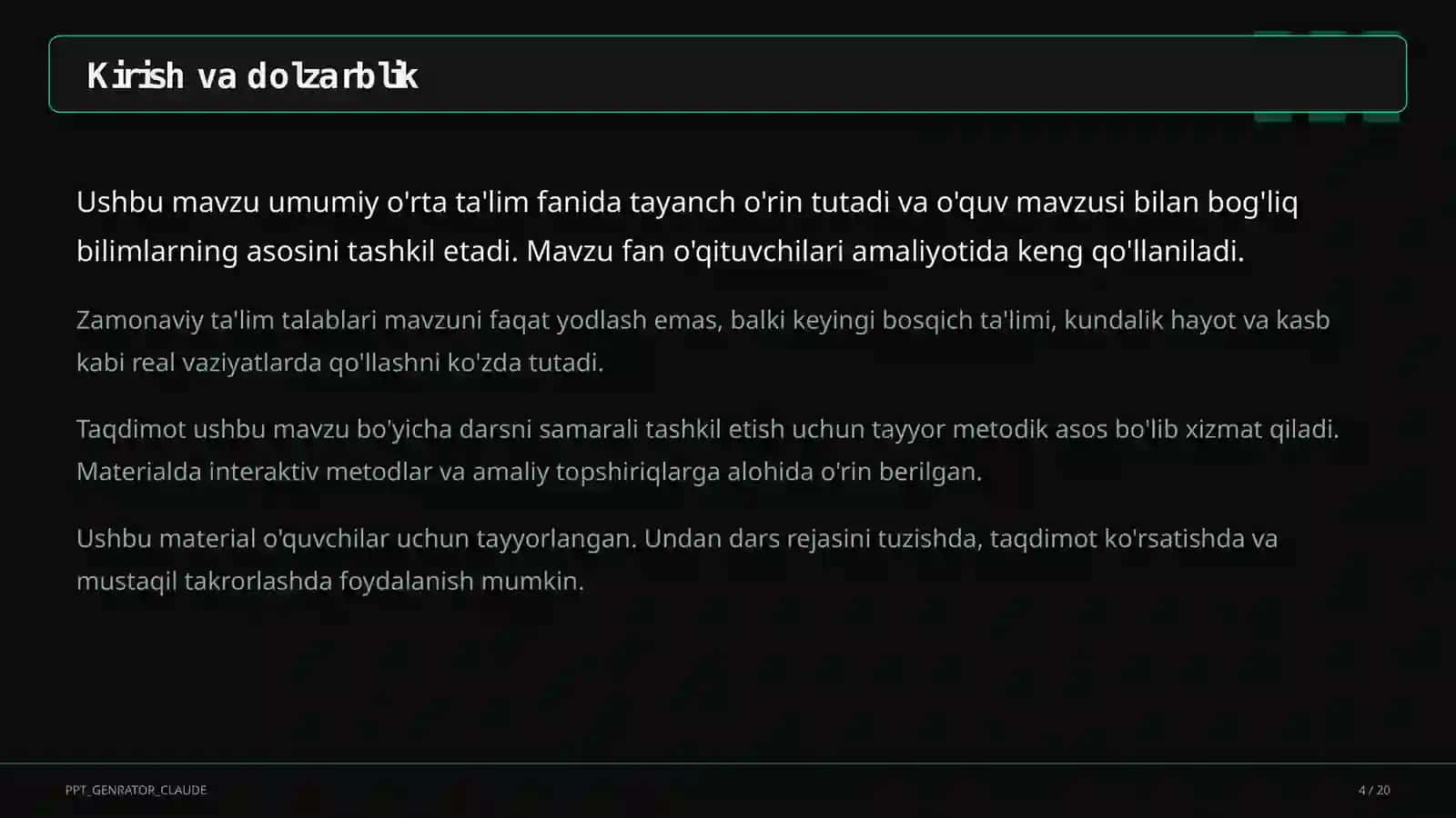 Dolzarb mavzular — maktab va o'qituvchilar (2026) — o'quvchilar uchun 4