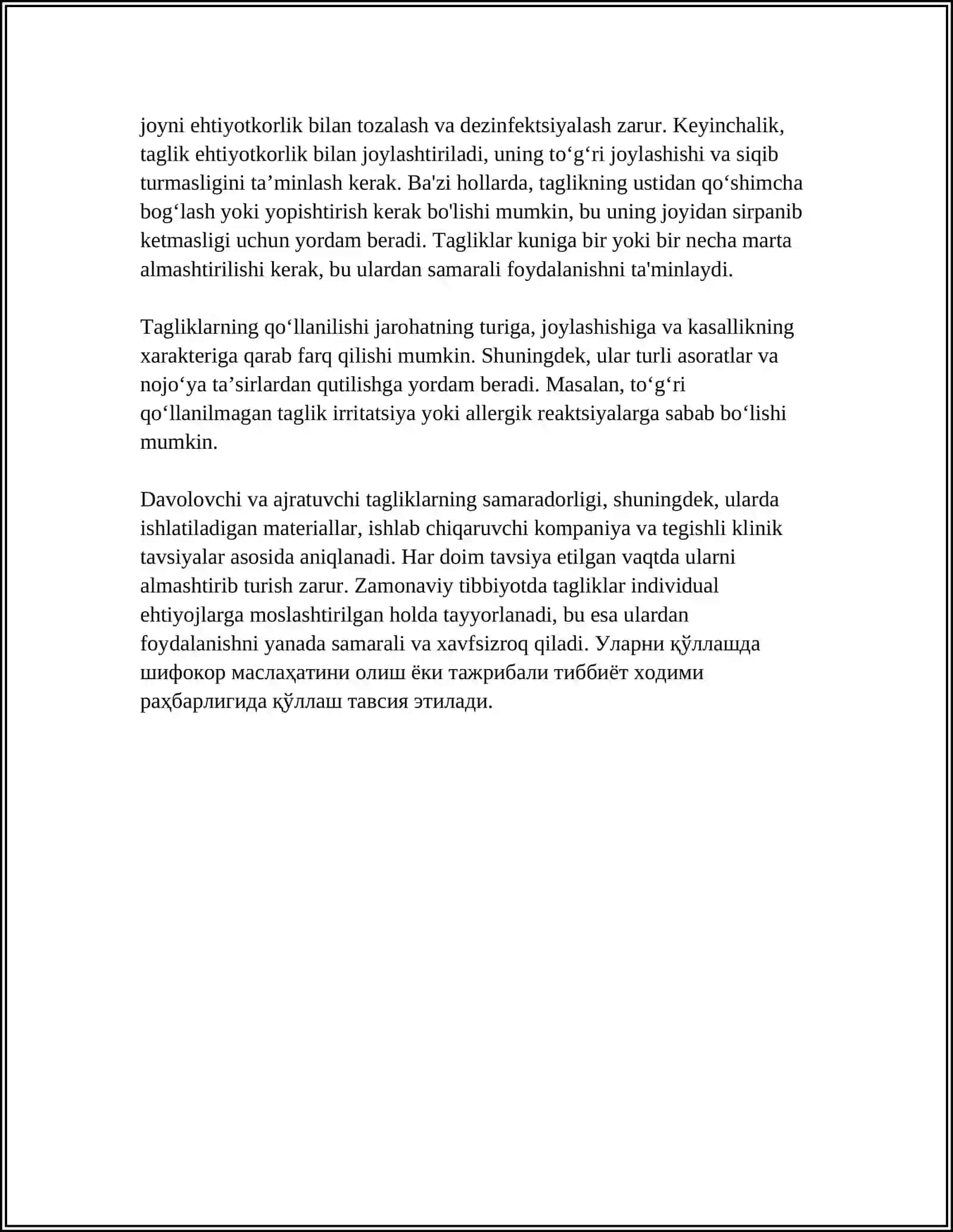 DAVOLOVCHI VA AJRATUVCHI TAGLIKLAR.QO’LANILISHI, TARKIBI. QO’YISH TEXNIKASI 4