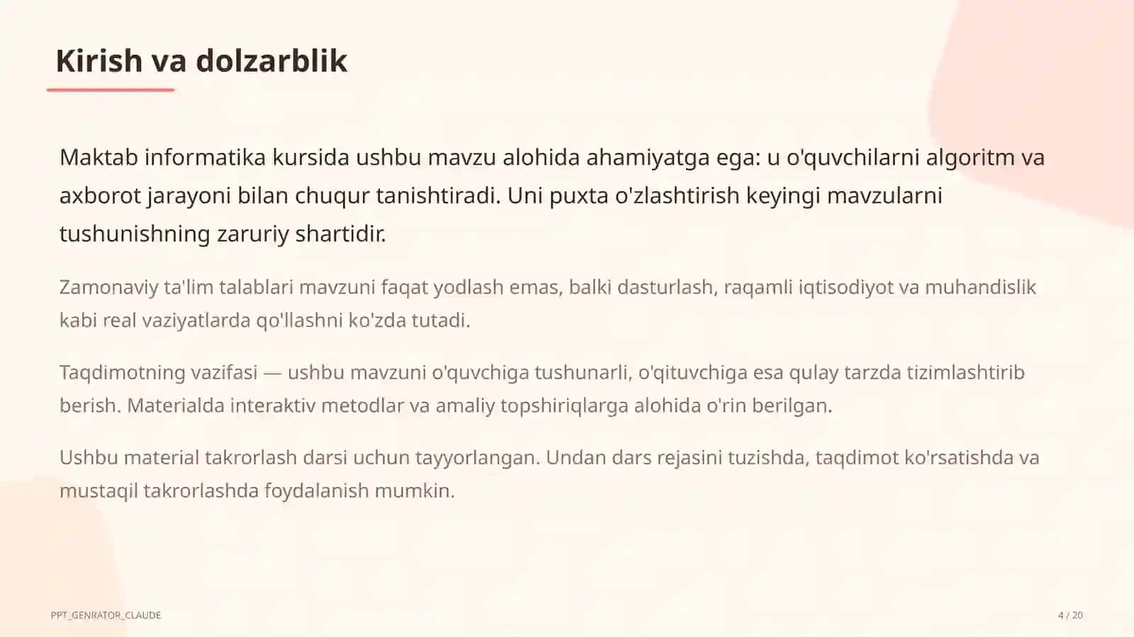 Algoritmlarning turlari: chiziqli, tarmoqlanuvchi, takrorlanuvchi (8-sinf) 4