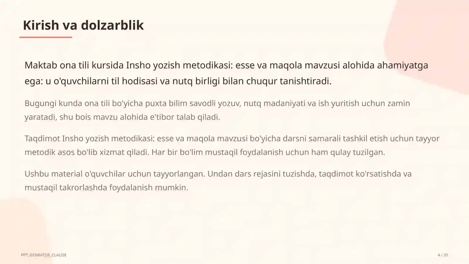 Insho yozish metodikasi: esse va maqola (11-sinf) 4