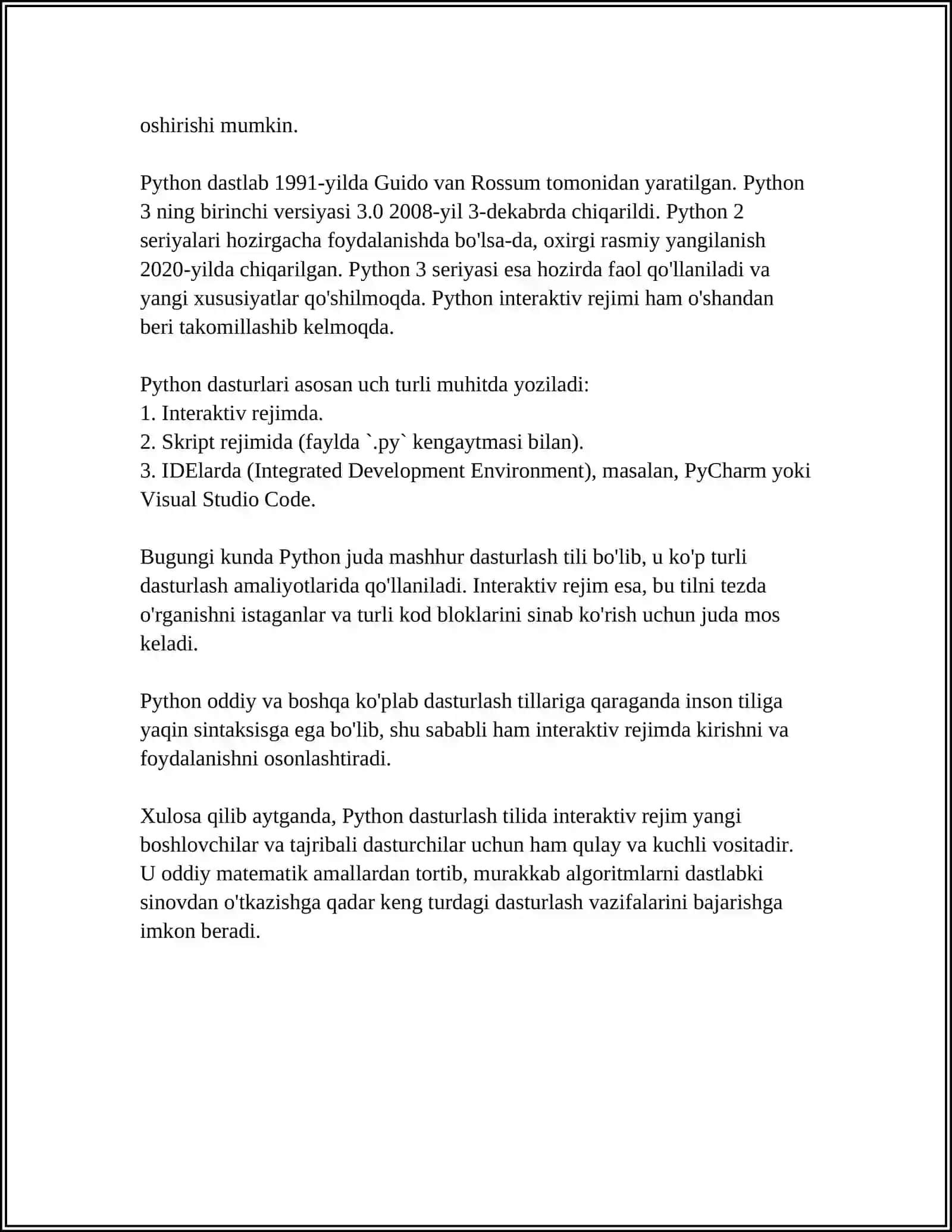 PYTHON DASTURLASH TILIDA INERAKTIV REJIM, BIRINCHI DASTUR, KIRITISH VA CHIQARISH OPERATORLARI 4