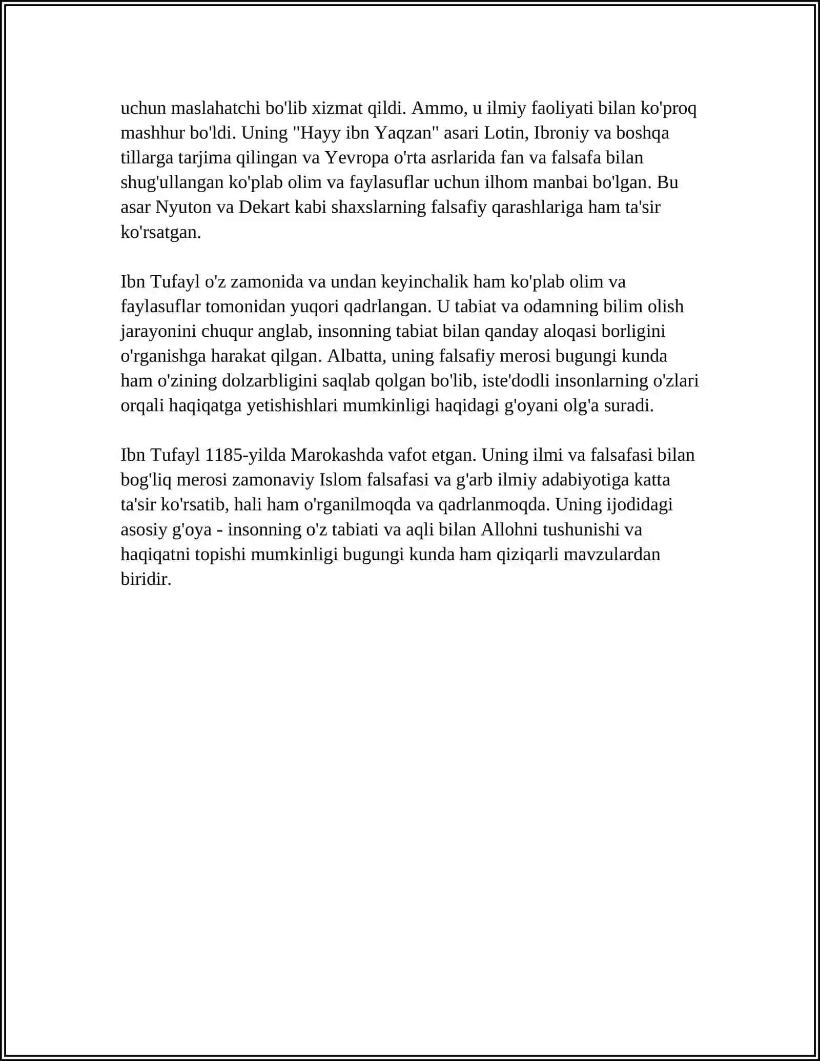 IBN TUFAYL VA IBN SINONING "XAY IBN YAKZON O'G'LI". REFERAT 15 BET. XULOSA ADABIYOTLARI BILAN 4