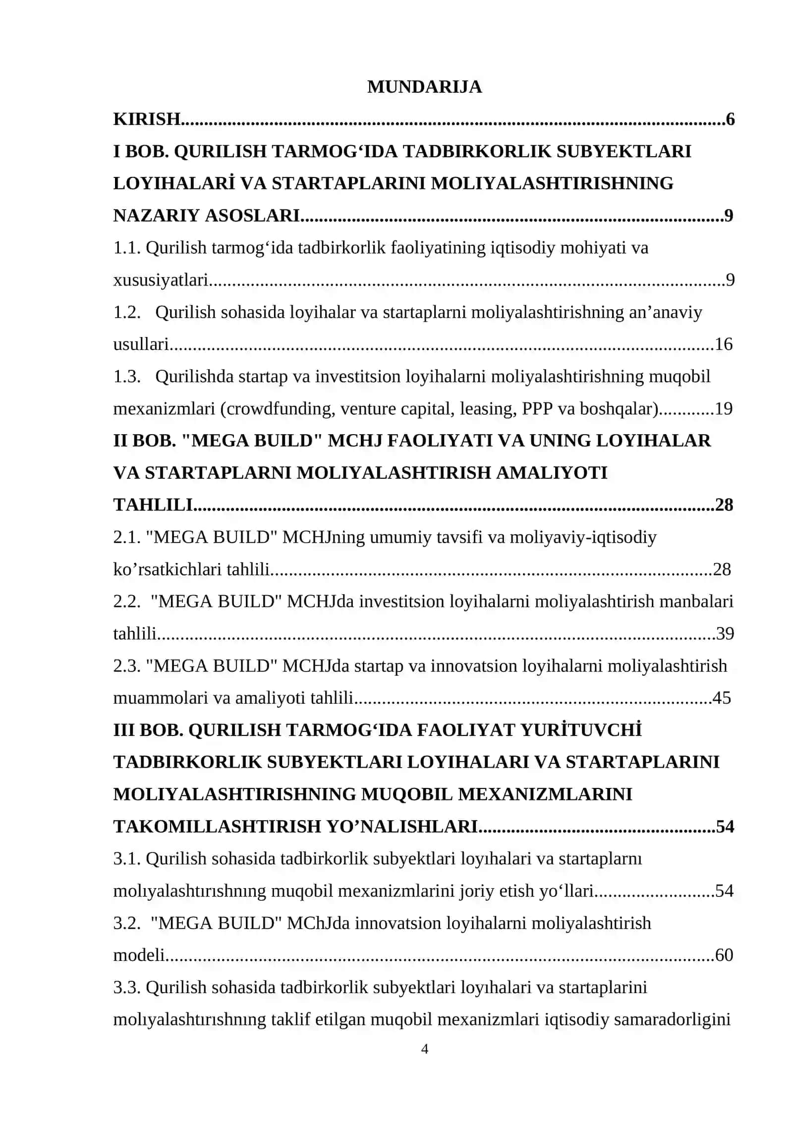 Qurilish tarmog‘ida faoliyat yurituvchi tadbirkorlik subyektlari loyihalarini va startaplarni moliyalashtirishning muqobil mexanizmlarini joriy etish ("MEGA BUILD" MCHJ misolida) 4