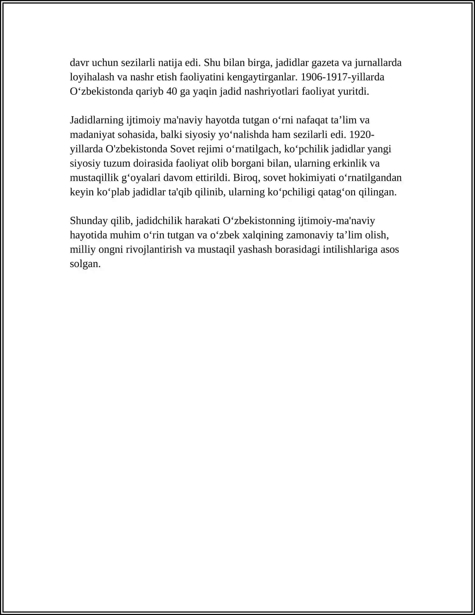JADID MA'RIFATPARVARLARNING O'LKA IJTIMOIY-MA'NAVIY HAYOTIDA TUTGAN O'RNI(MUNAVVAR QORI, FITRAT, BEHBUDIY, AVLONIY VA BOSHQ) 4