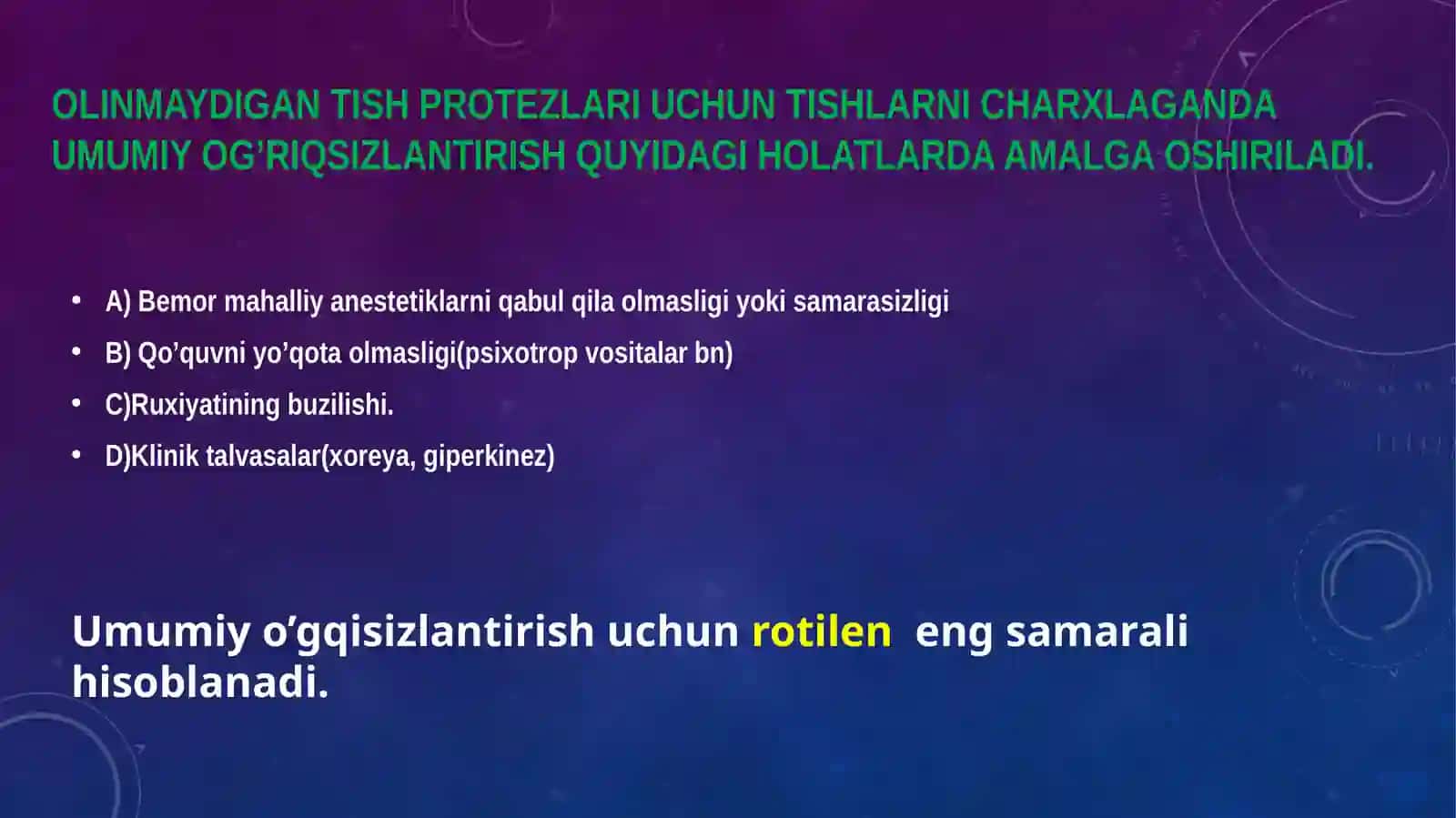Tish charxlash qoidalari. Charxlash uchun ishlatiladigan asboblar. Ularga bo’lgan talablar. Chaynash bosimik kuchlarining ta’sirini hisobga olgan holda qistirmauchun bo’shliqlarnishakllantirish asoslari. Tishlarning qattiq to’qimalari uchun xavfsizlik zonalari. Charxlash vaqtidayo’l qo’yilishimumkin bo’lgan xatoliklar va asoratlar, ularni oldini olish 4