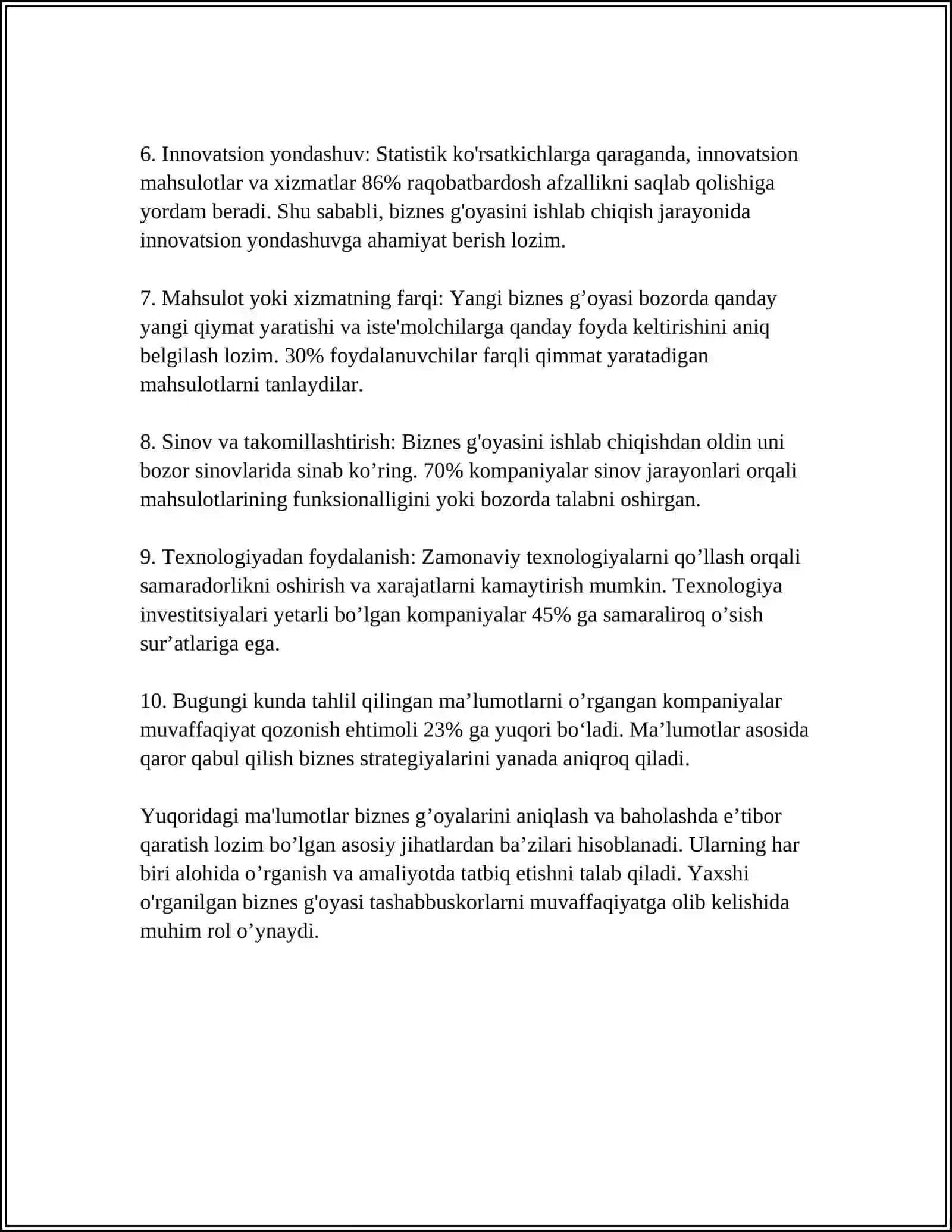 MUSTAQIL ISH: BIZNESNI TASHKIL ETISH VA RIVOJLANTIRISH IMKONIYATLARI 4