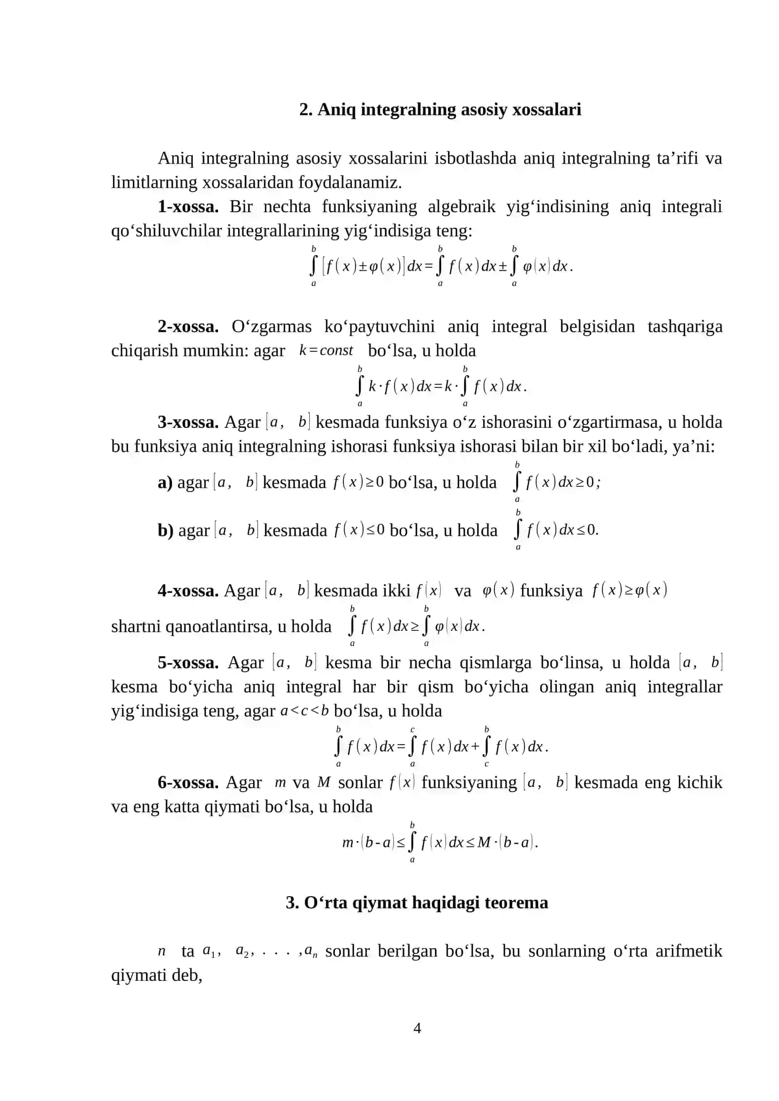 Aniq integral ta’rifi (Riman yig’indilari). O’rta qiymat haqidagi teorema 4