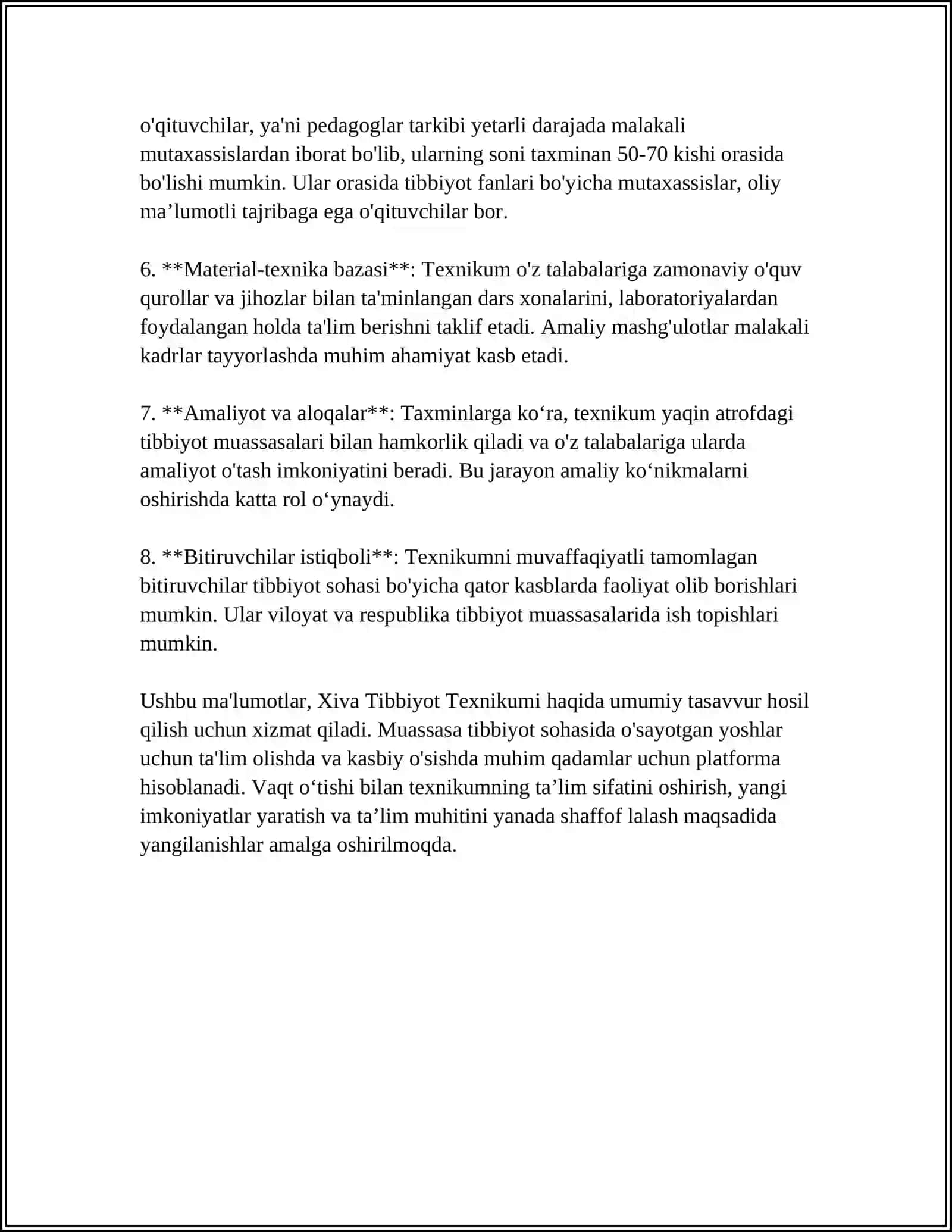 MUSTAQIL ISH Mavzu: KHIVA MEDICAL TEXNIKUMI 4