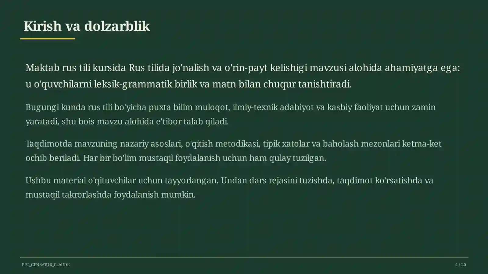 Rus tilida jo'nalish va o'rin-payt kelishigi (5-sinf) 4