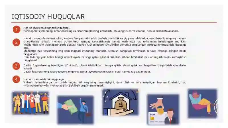 Inson va fuqarolarning siyosiy, iqtisodiy, ijtimoiy, madaniy va ekologik huquqlari. Fuqarolarning burchlari. 4