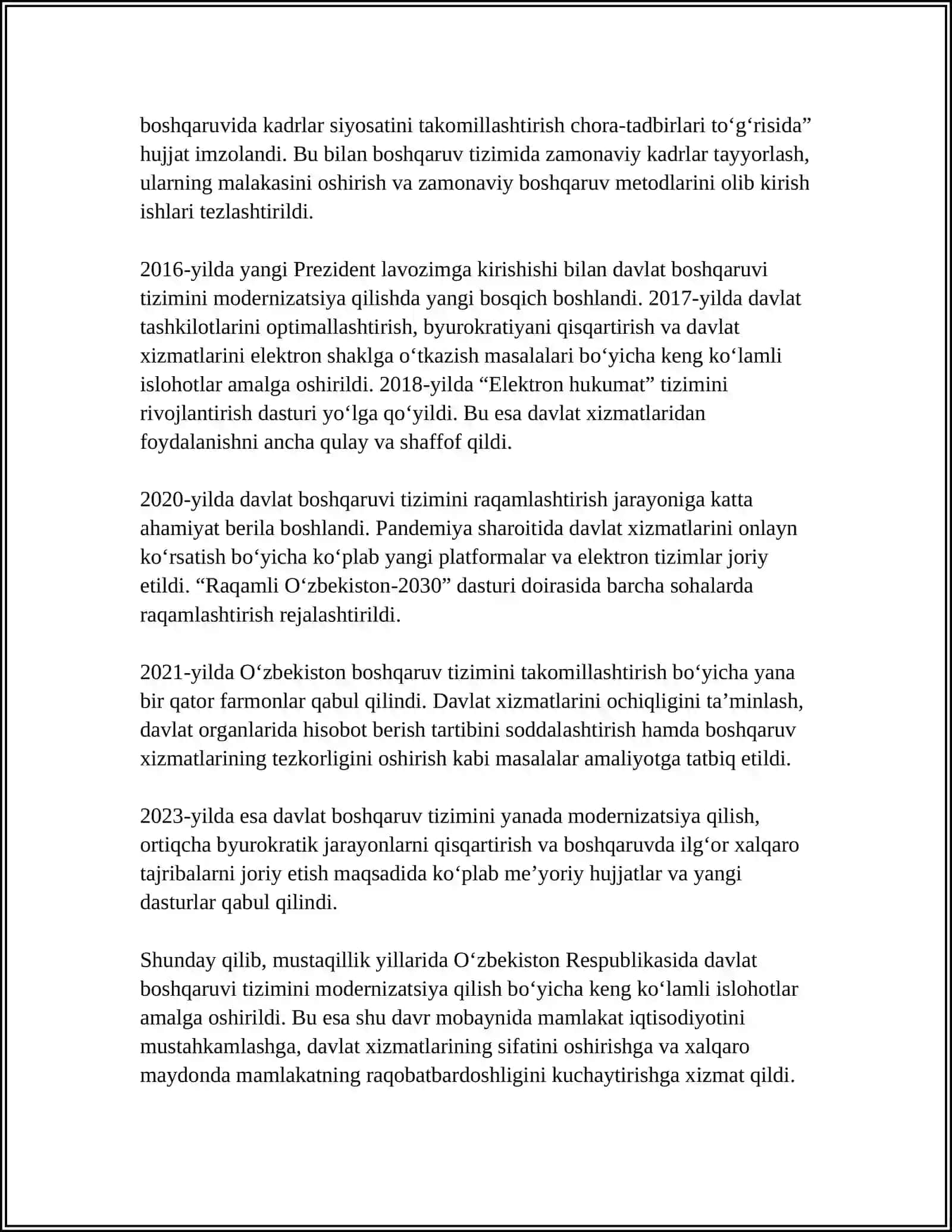 MUSTAQILLIK YILLARIDA DAVLAT BOSHQARUVI TIZIMIDA AMALGA OSHIRILGAN ISLOHOTLAR 4