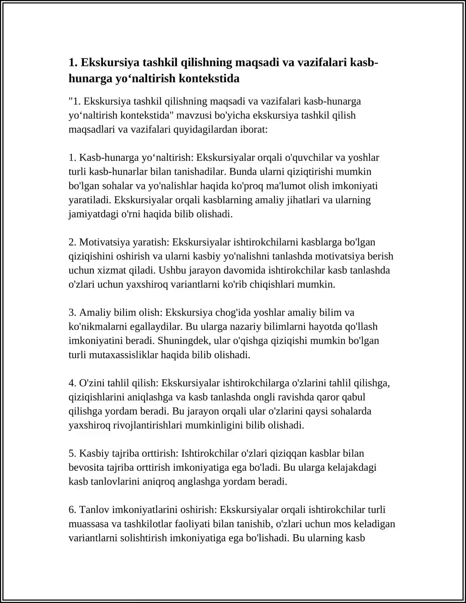 EKSKURSIYA TASHKIL QILISH KASB HUNARGA YOʻNALTIRISHDA OMMAVIY AXBOROT VOSITALARINING AHAMIYATI BOʻYICHA REFERAT TAYYORLASH 4