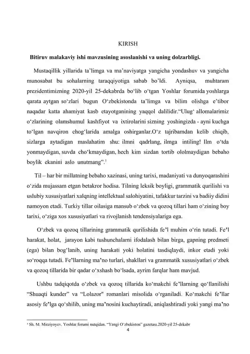 Oʻzbek va qozoq tillarida koʻmakchi fe’llar (“Shuaqti kunder” va “Lolazor” romanlari misolida) BMI 4