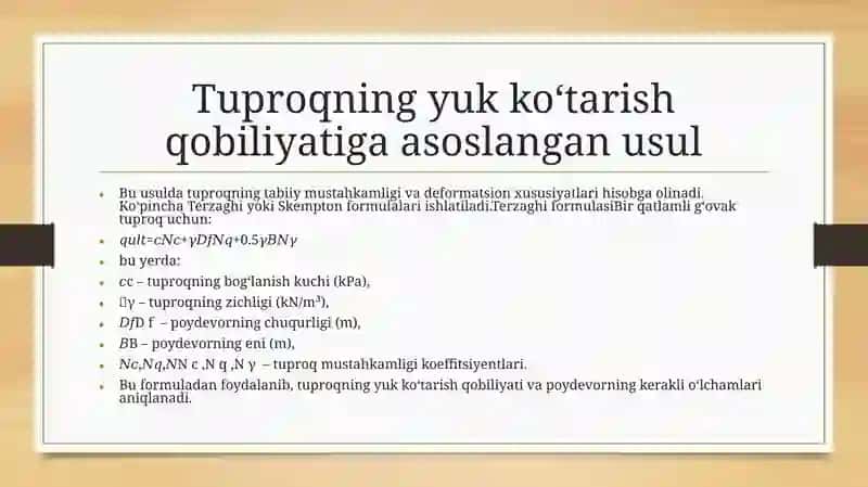 Zaminning yukko'tarishi bo'yicha poy devor hisoblash usullari 4
