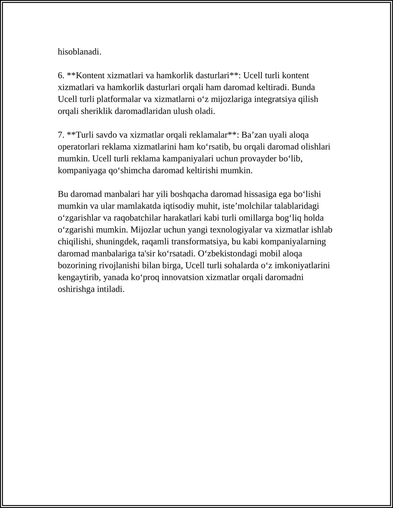 UCELL KOMPANIYASINING MOLIYAVIY KO'RSATGICHLARI VA ULARNING TAHLILI HAQIDA MUSTAQIL ISH 4