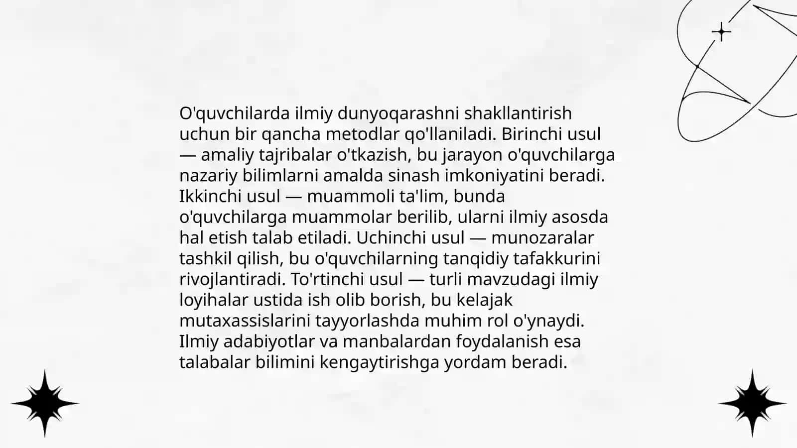 Oʻquvchilarning ilmiy dunyoqarashini shakllantirish Oʻquvchilarning Aqliy tarbiyasi 4