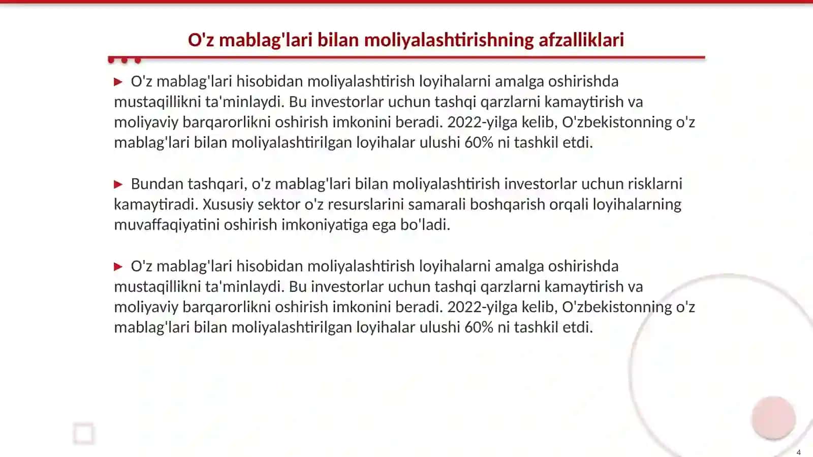 Investitsion loyihalarni òz mablaģlari hisobidan moliyalashtirish 4