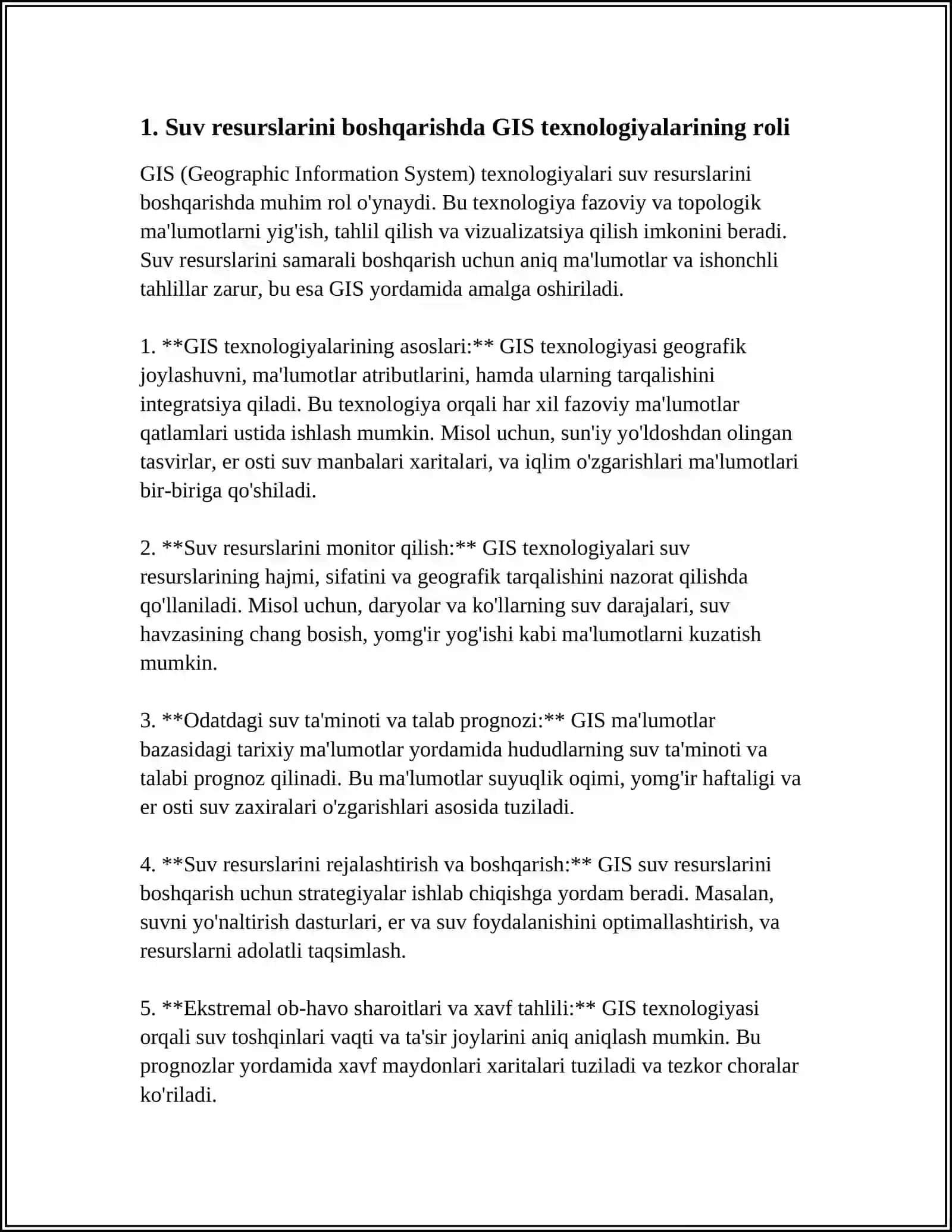 GIS TEXNOLOGIYALARIDAN FOYDALANGAN HOLDA SUV RESURSLARINING REJALASHTIRISHNING INAVATSION USULLARINI O'RGANISH 4