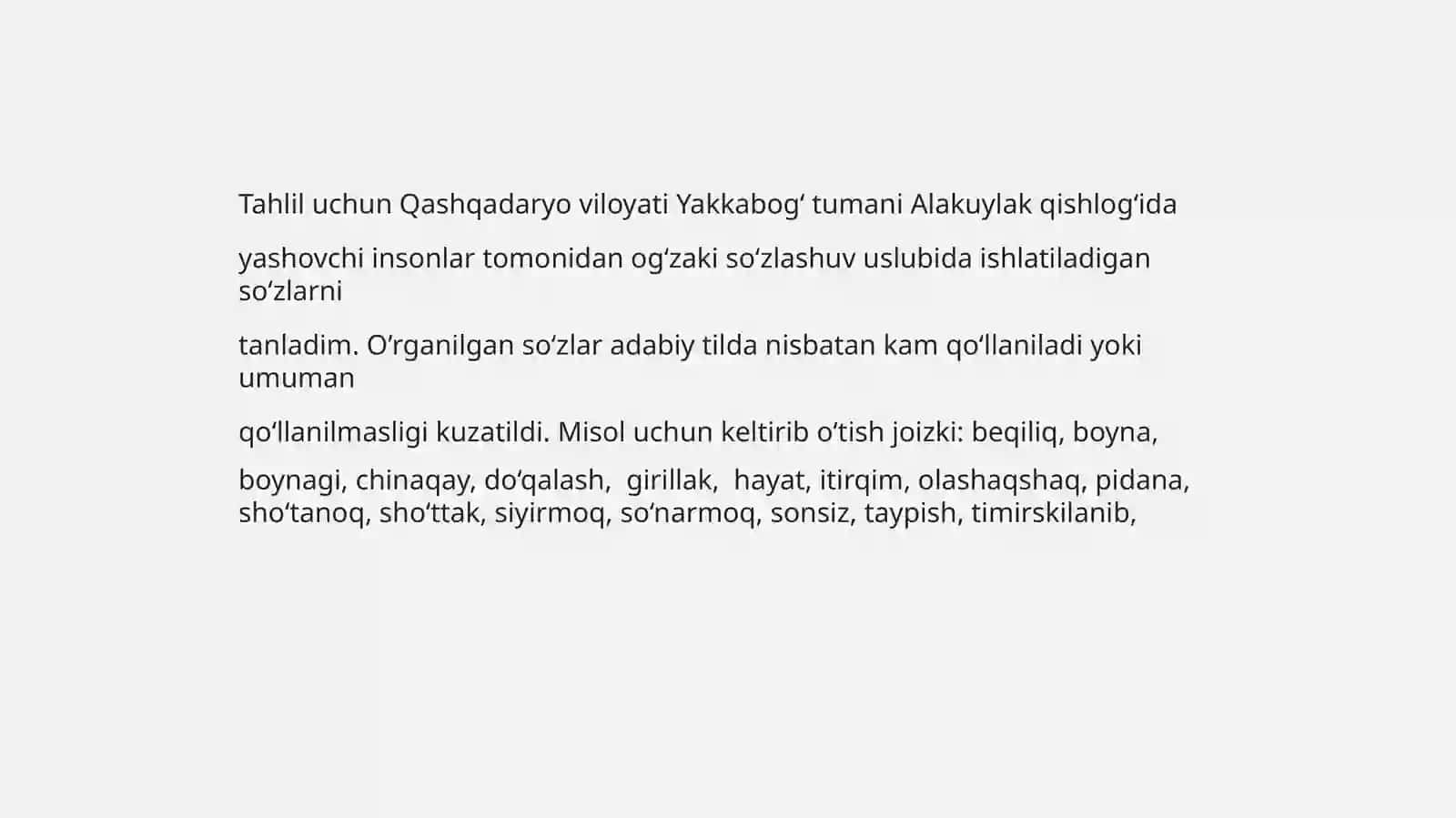 Qashqadaryo viloyati Yakkabogʻ tumani Alakuylak qishlogʻi shevasi 4