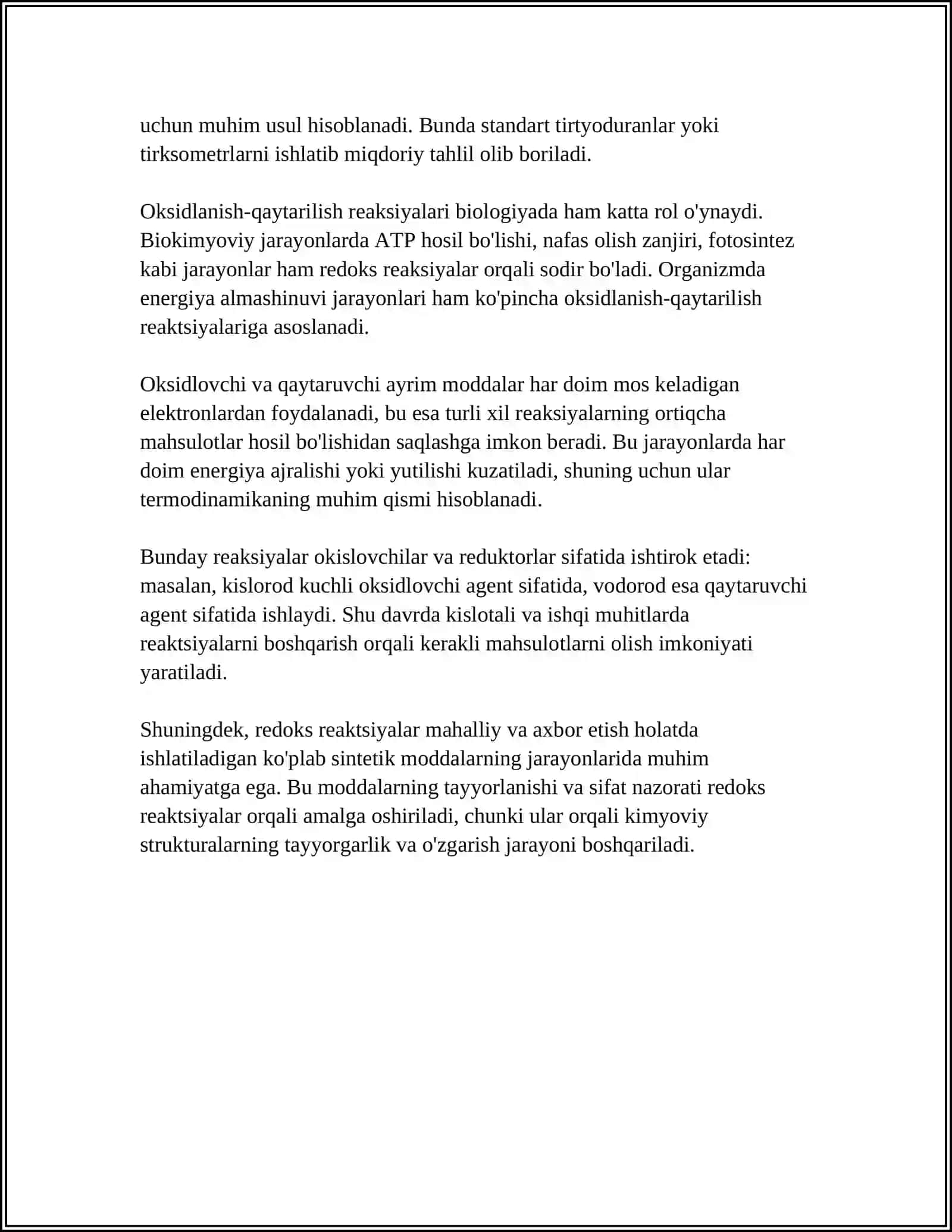 OKSIDLANISH VA QAYRARILISH USULI. OKSIDLANISH-QAYTARILISH REAKSIYALARINING ANALIZDA AHAMYATI 4