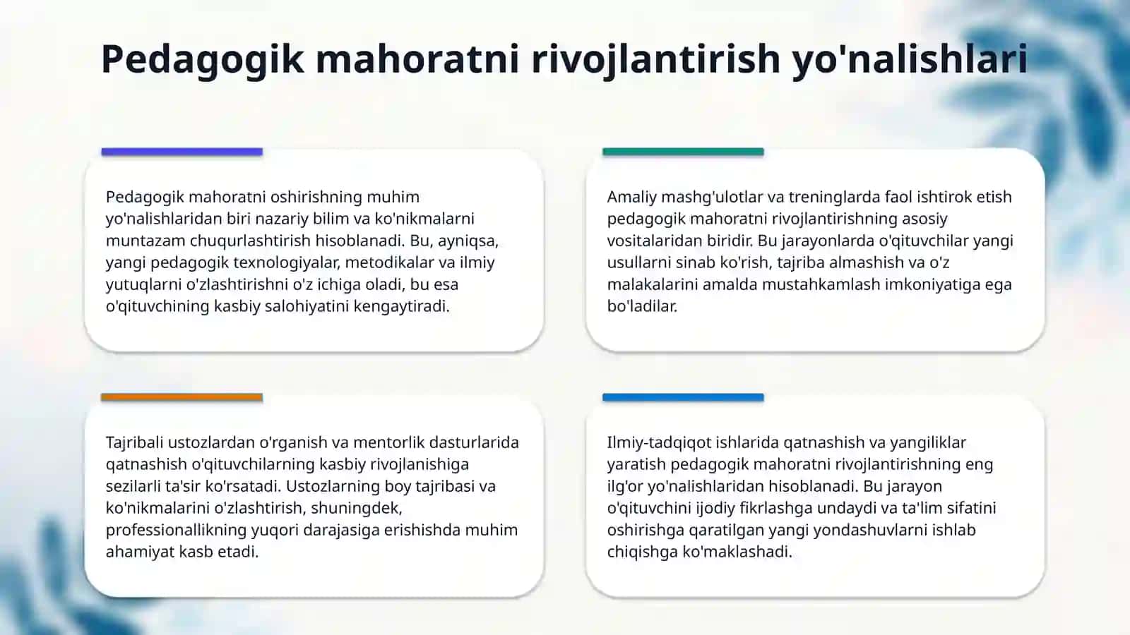 15.Pedagogik mahoratni rivojlantirish metodikasi va klinik ta'limua qo 'llash 4