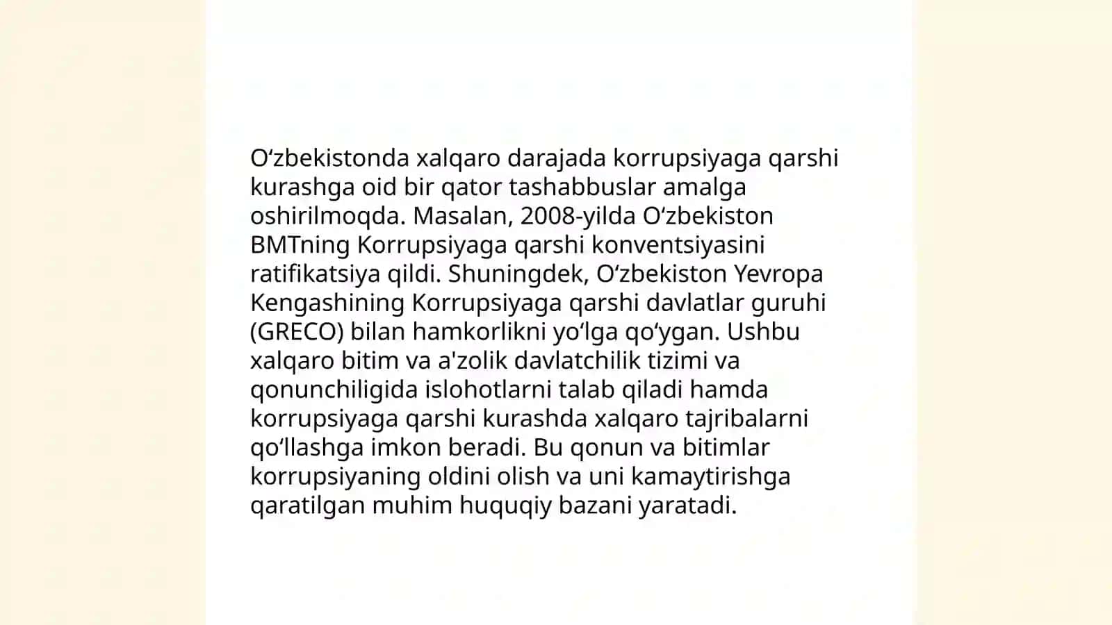 Korrupsiyaga qarshi kurash bo'yicha xalqaro qonunlar va qarorlarning O’zbekistonda ratifikatsiya qilishning ahamiyati 4