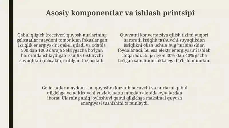 Quyosh issiqlik minorasining tuzilishi va ishlash mexanizmi 4