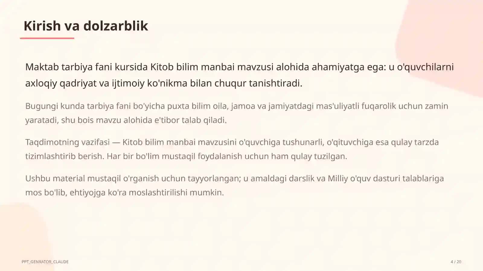 Tarbiya fani (1–11) mustaqil o'rganish uchun 4