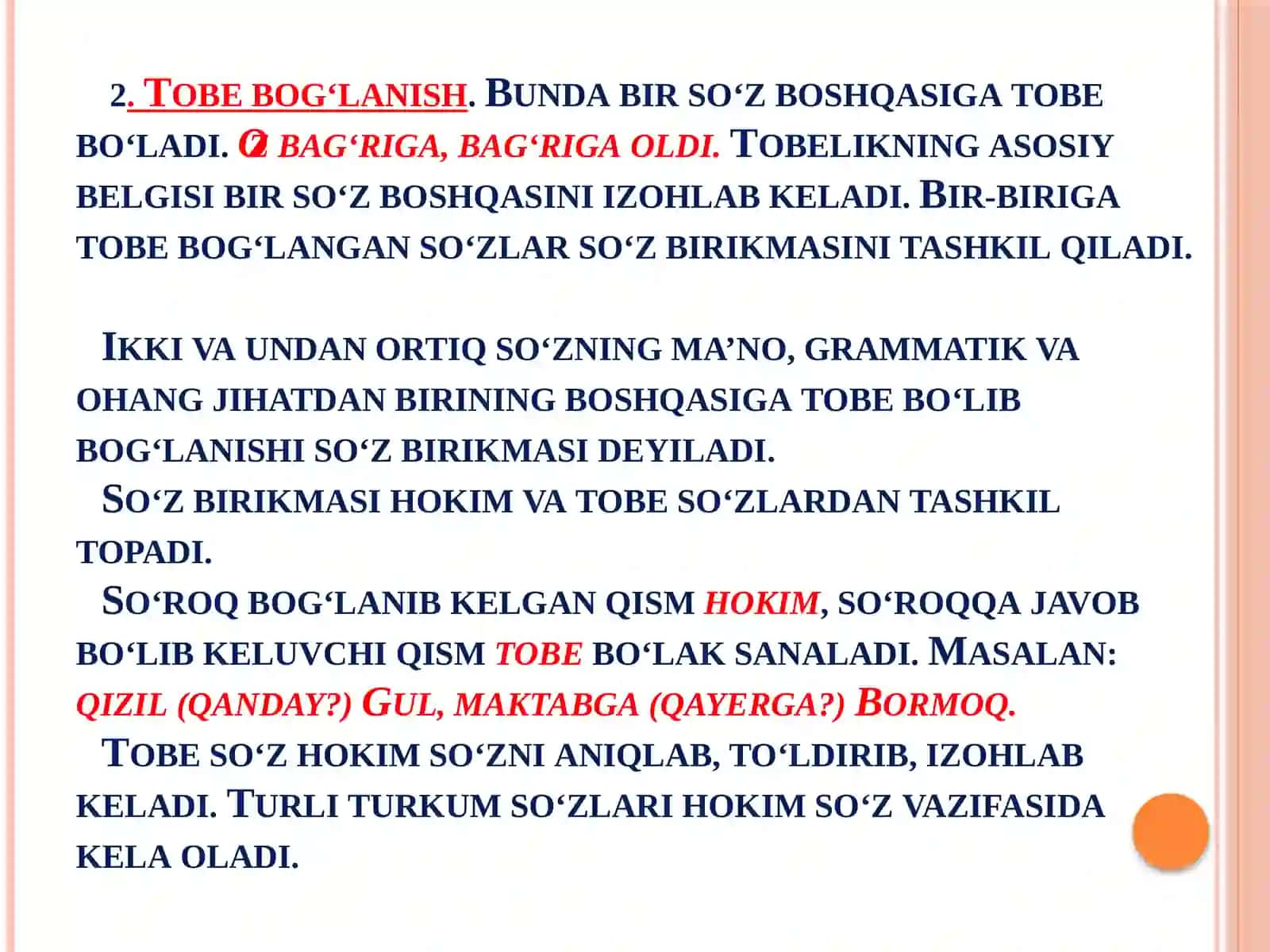 Sintaksis. So‘z birikmasi. Gap va uning ifoda maqsadiga ko‘ra turlari. Sodda gap turlari. Sodda yig‘iq va sodda yoyiq gaplar. Ikki bosh bo‘lakli va bir bosh bo‘lakli gaplar 4