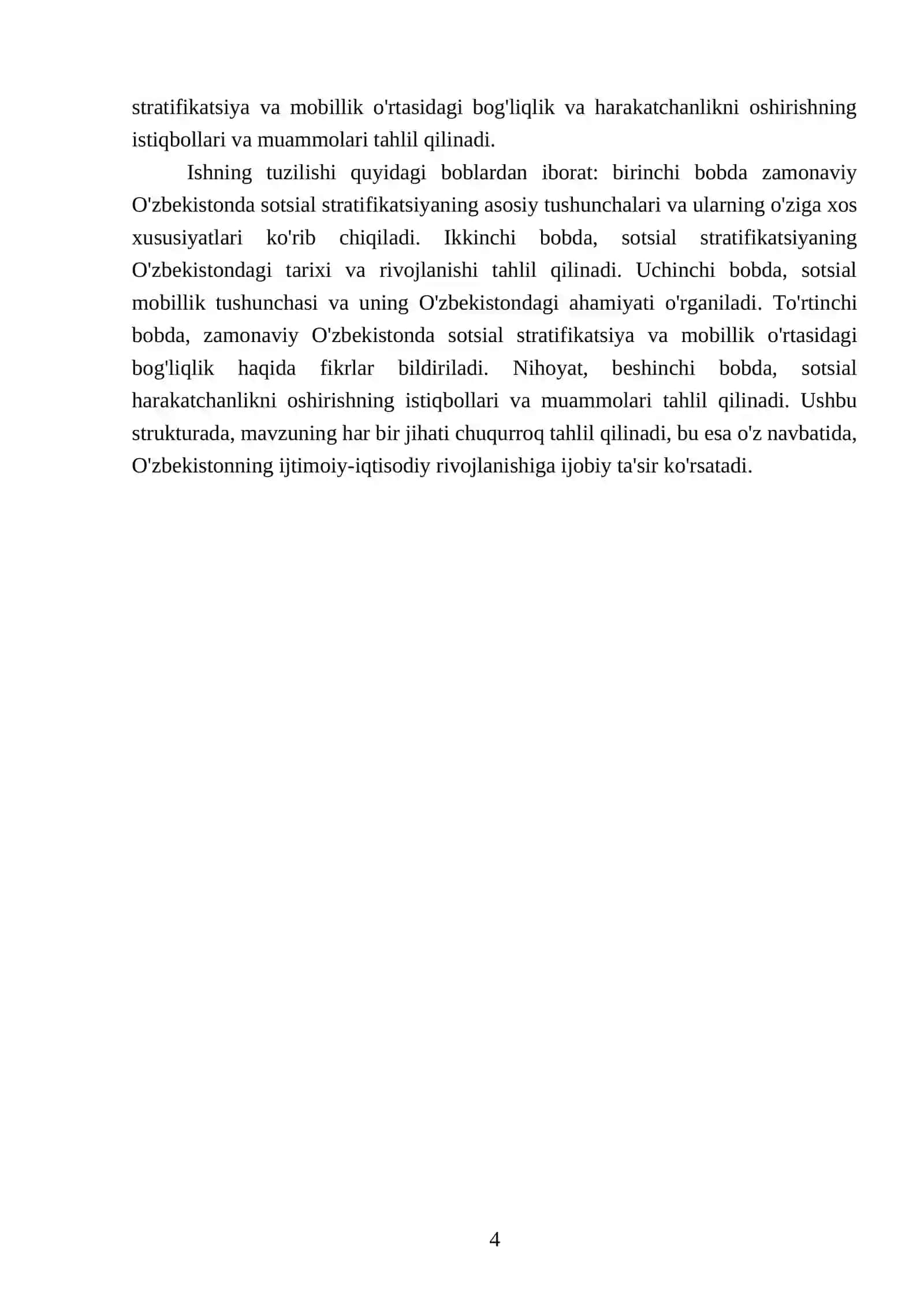Zamonaviy O'zbekistonda sotsial stratifikatsiya va sotsial mobillik masalalari tahlili Sotsial harakatchanlik (mobillik) tushunchasi va uning mohiyati 4