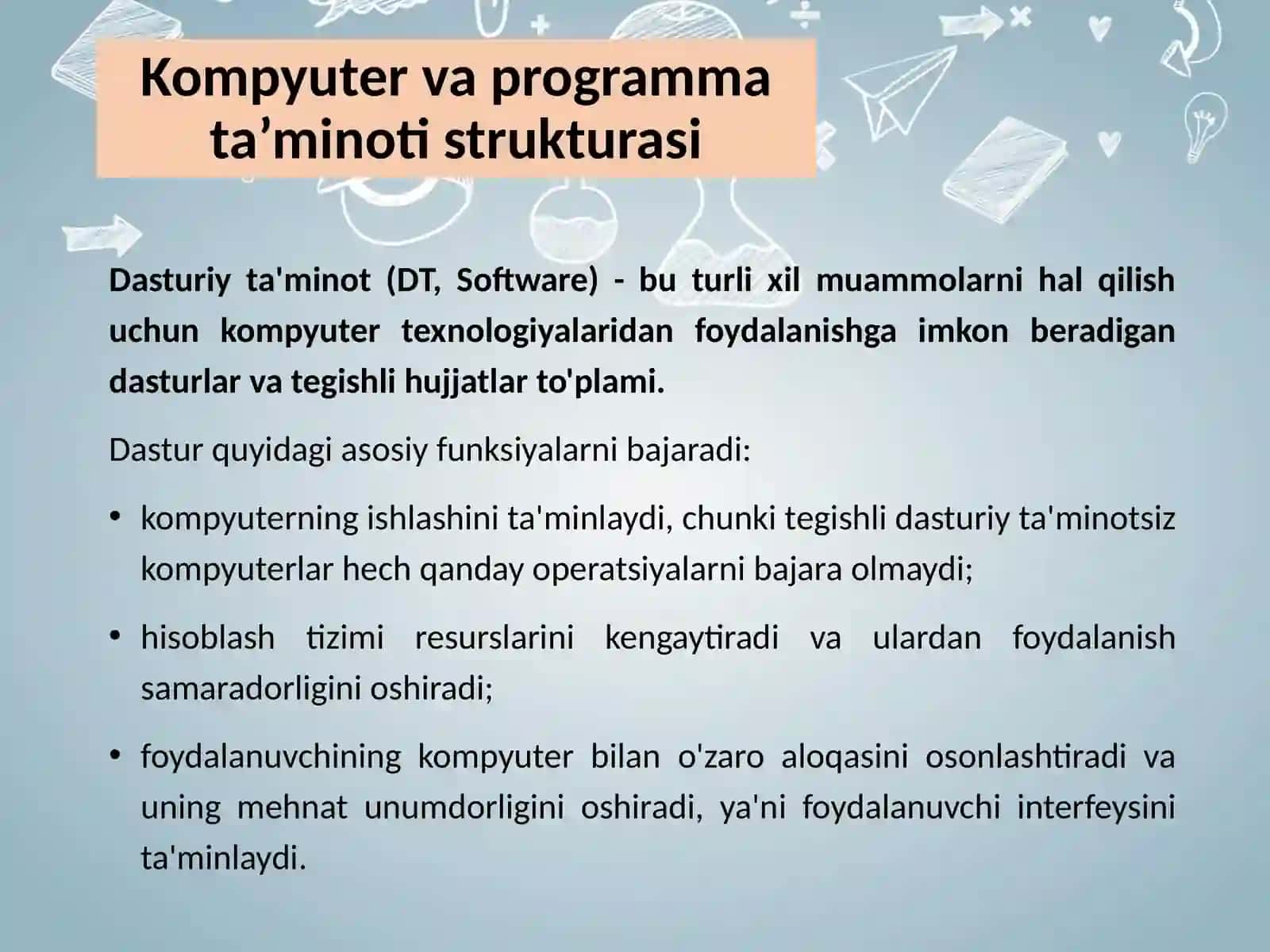 Kompyuter va uning programma ta’minoti. Dasturlash tillarining klassifikatsiyasi.Dasturlash texnologiyalari va algoritmlash asoslari 4