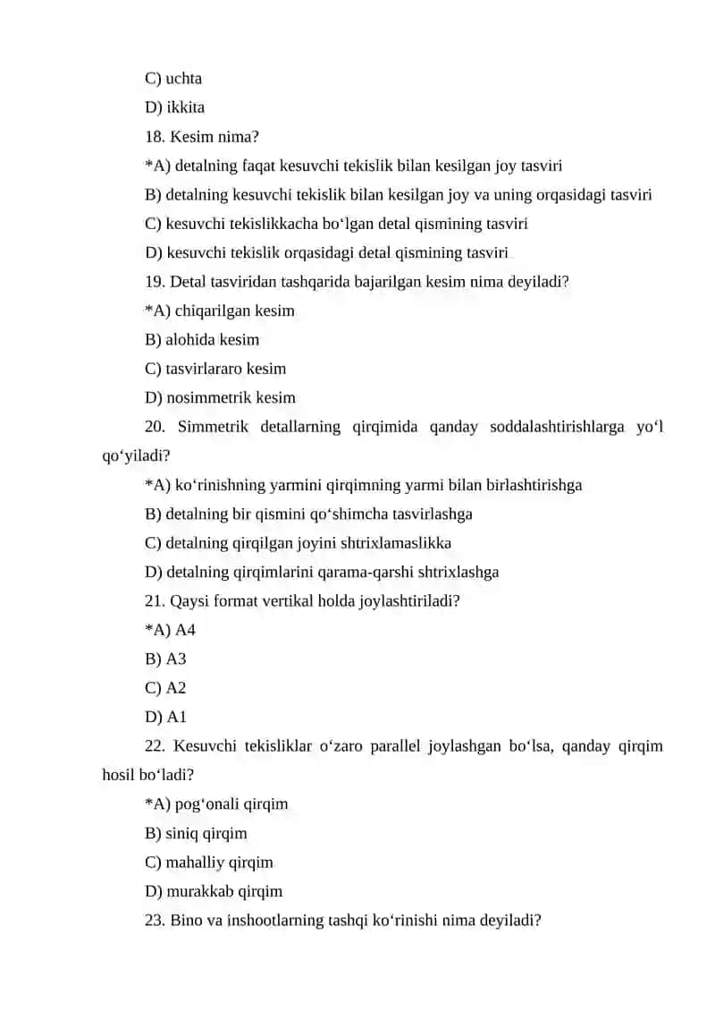 TESTLAR BAZASI Fan: Chizmachilik 4