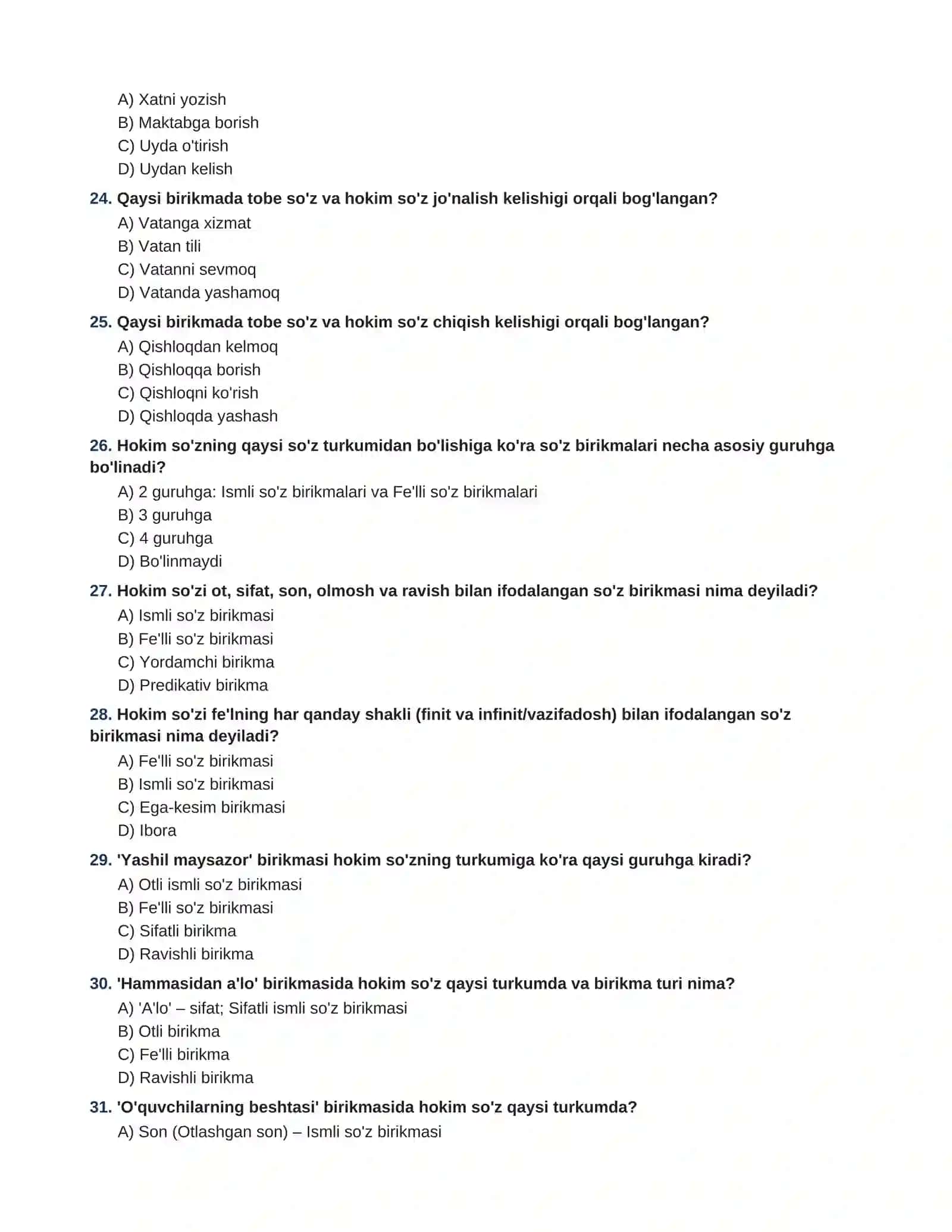 So'z birikmasi mavzusida 100 talik javoblar kaliti bilan test(ona tili) 4