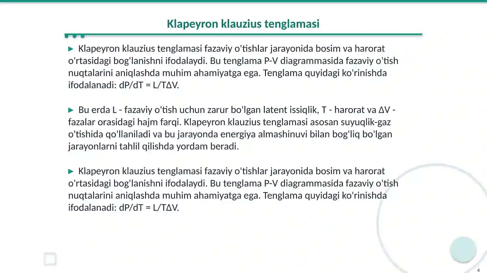 Birinchi va ikkinchi tur fazaviy o'tishlar Klapeyron klauzius va Erenfest tenglamalari.Kritik holati.Uchlik nuqta Real gazlar statistikasi Van -Der vaals tenglamasi 4