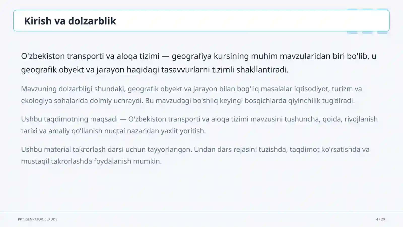 O'zbekiston transporti va aloqa tizimi (9-sinf) 4