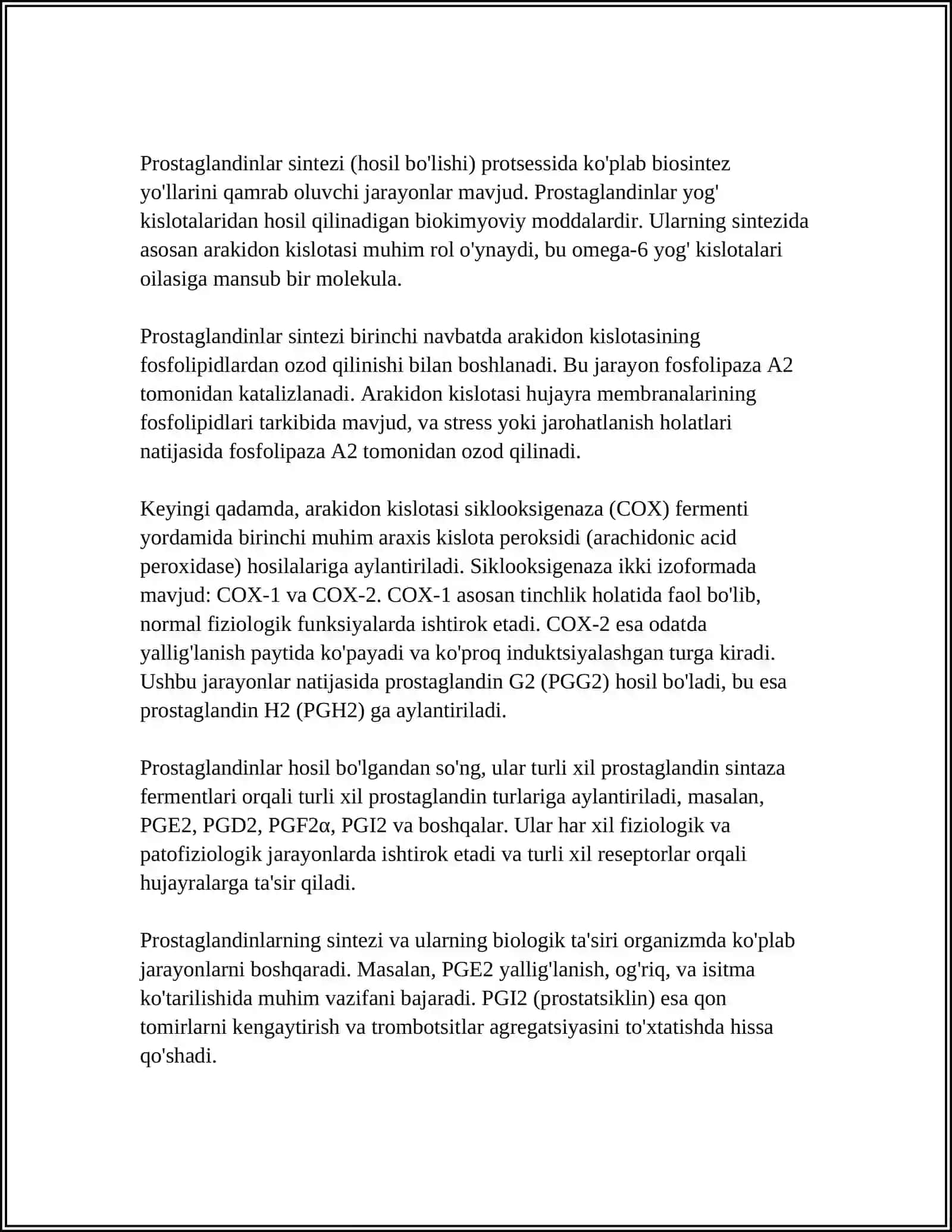 PROSTAGLANDINLAR VA BOSHQA EYKANOZOIDLAR, BIOKIMYOVIY TA'SIR MEXANIZMLARI 4