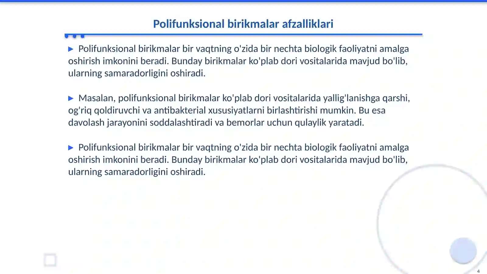 Getero- va polifunksional birikmalar asosida ishlab chiqariladigan zamonaviy dori vositalari 4