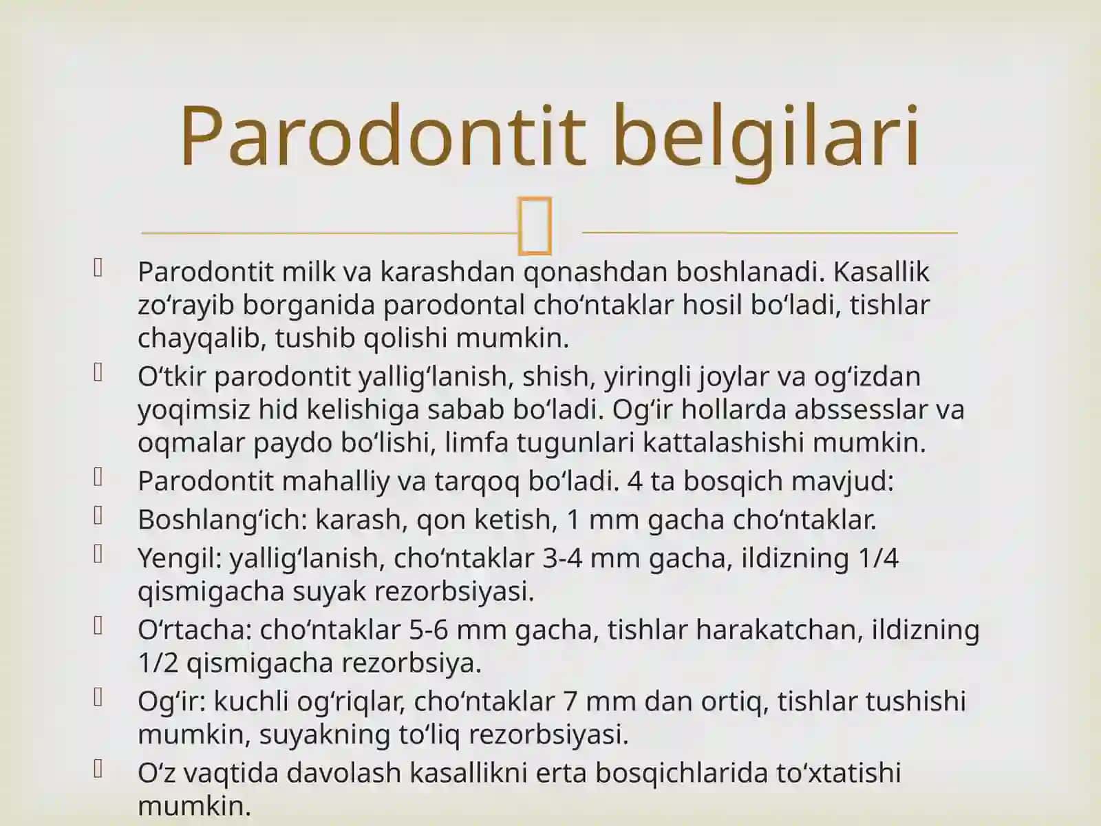 Parodontit. Yengil shakli. Klinikasi,diagnostikasi,  qiyosiy tashxisi. Kasallik tarixini yozish. 4