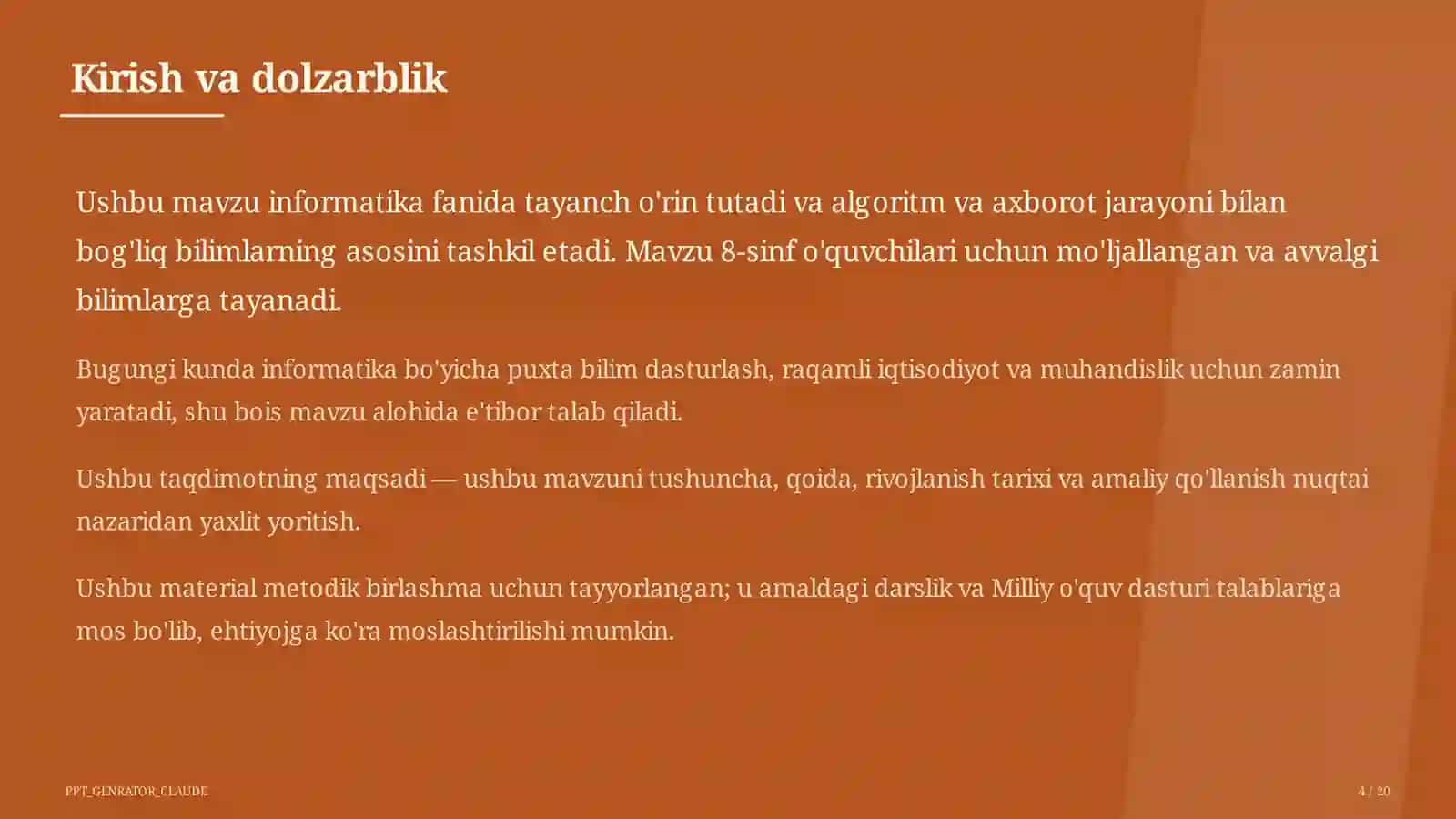 Algoritmlarning turlari: chiziqli, tarmoqlanuvchi, takrorlanuvchi (8-sinf) 4