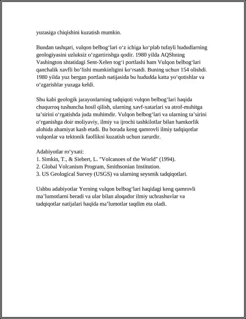 Yerning vulqon belbog‘lari mavzusida murakkab rejada foydalanilgan adabiyotlari bilan 4