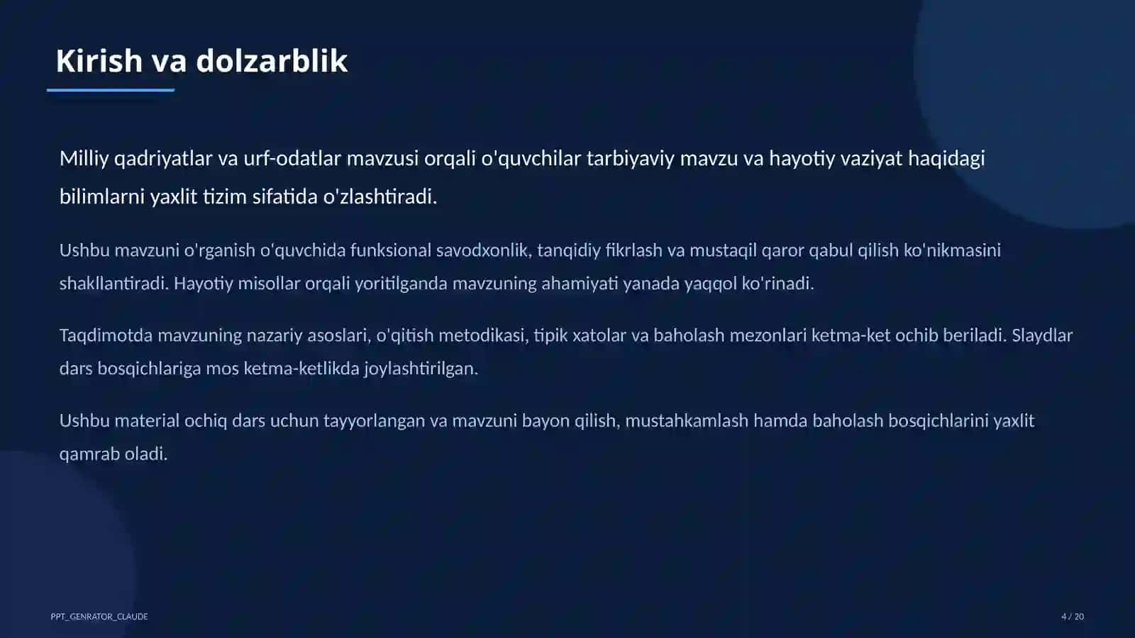 Sinf soati va tarbiyaviy tadbirlar (1–11) 4