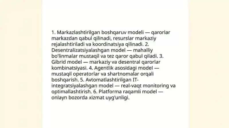 Tashish xizmati ko'rsatish jarayonlarini boshqarish modellari 4