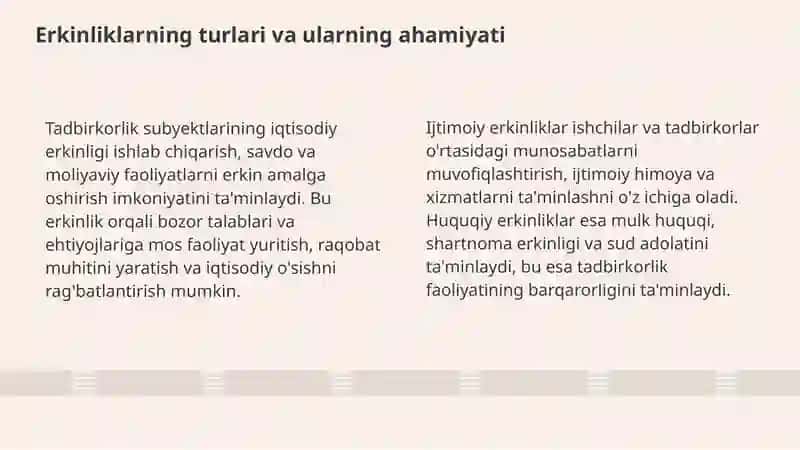 Tadbirkorlik subyektlarining qonunchilikda man etilmagan har qanday faoliyatni amalga oshirish erkinligi kafolatlari tushunchasi va turlarining o‘zaro o‘xshash hamda farqli jihatlari 4