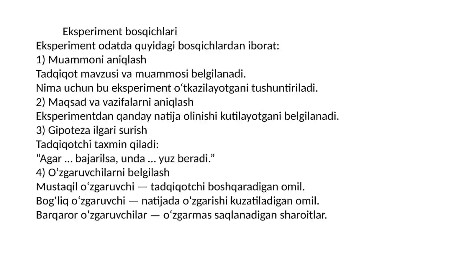Eksperiment tuchunchasi, bosqichlari va uni rejalashtirish 4