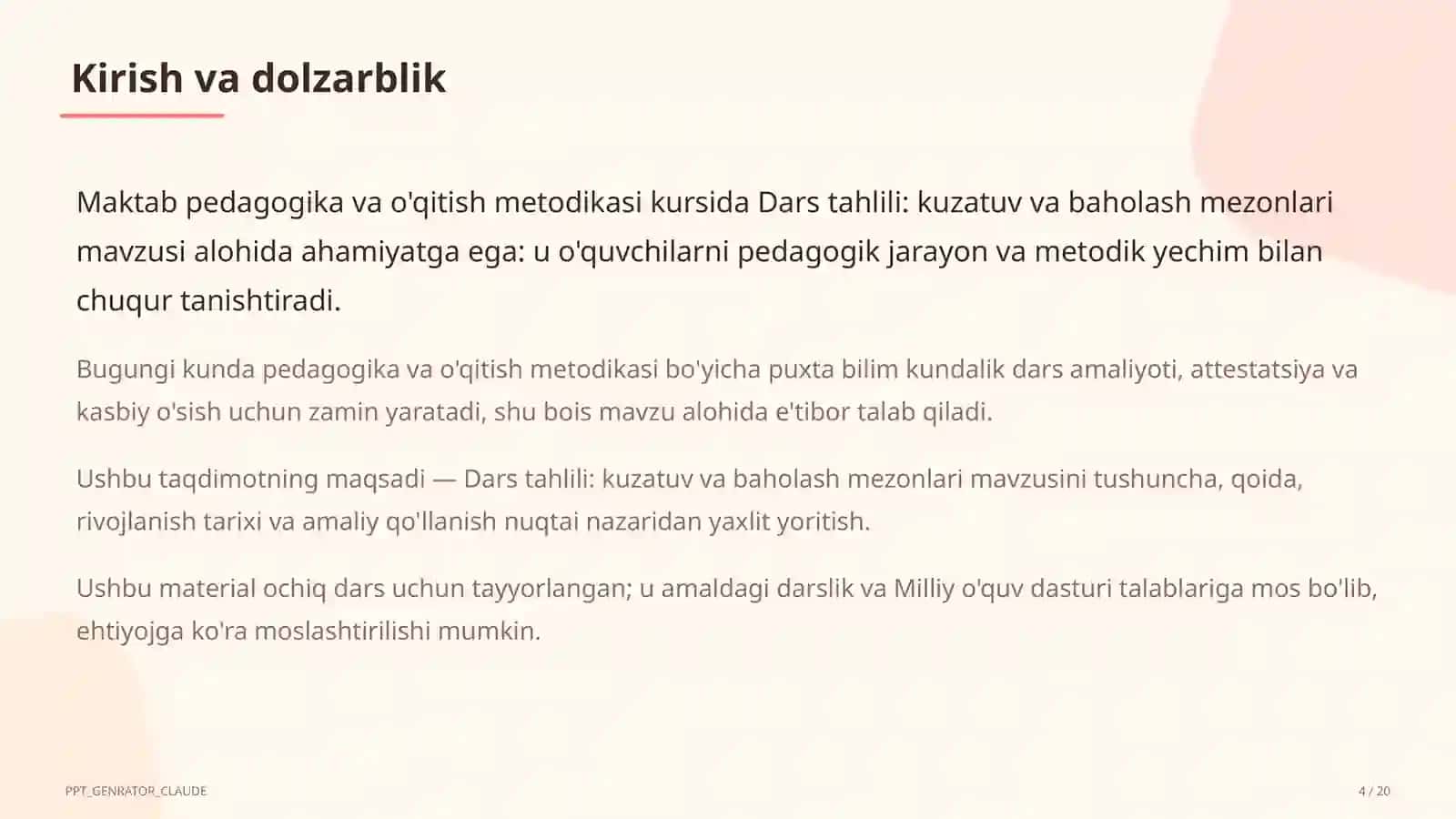 Dars tahlili: kuzatuv va baholash mezonlari 4