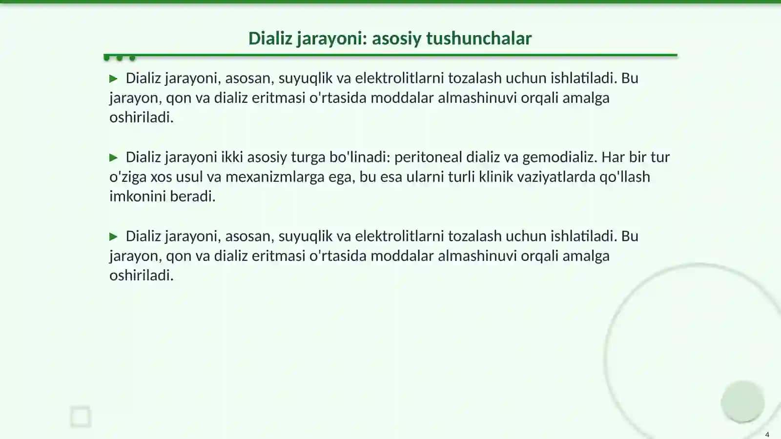 Kolloid sistemalarni dializ yoʻli bilan tozalash. Gemodializni oʻtkazishda kimyoning ahamiyati 4