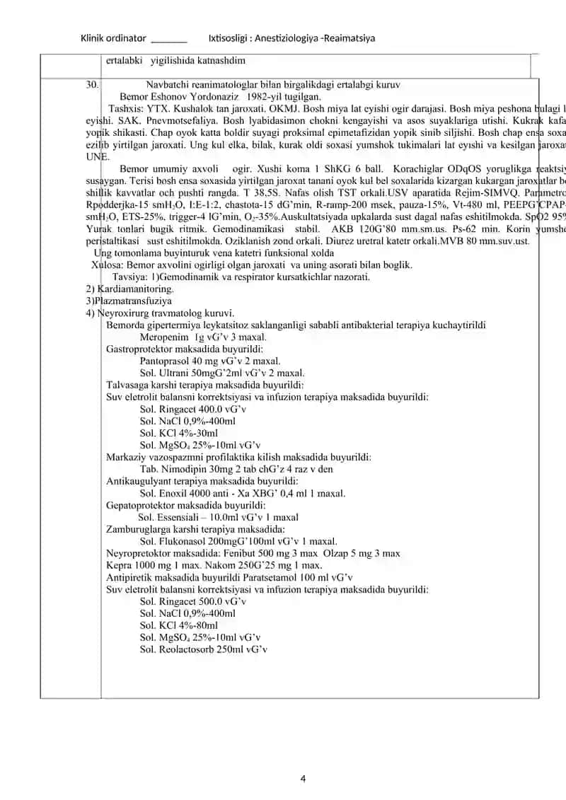Klinik ordinator Ixtisosligi: Anestiziologiya - Reaimatsiya 4