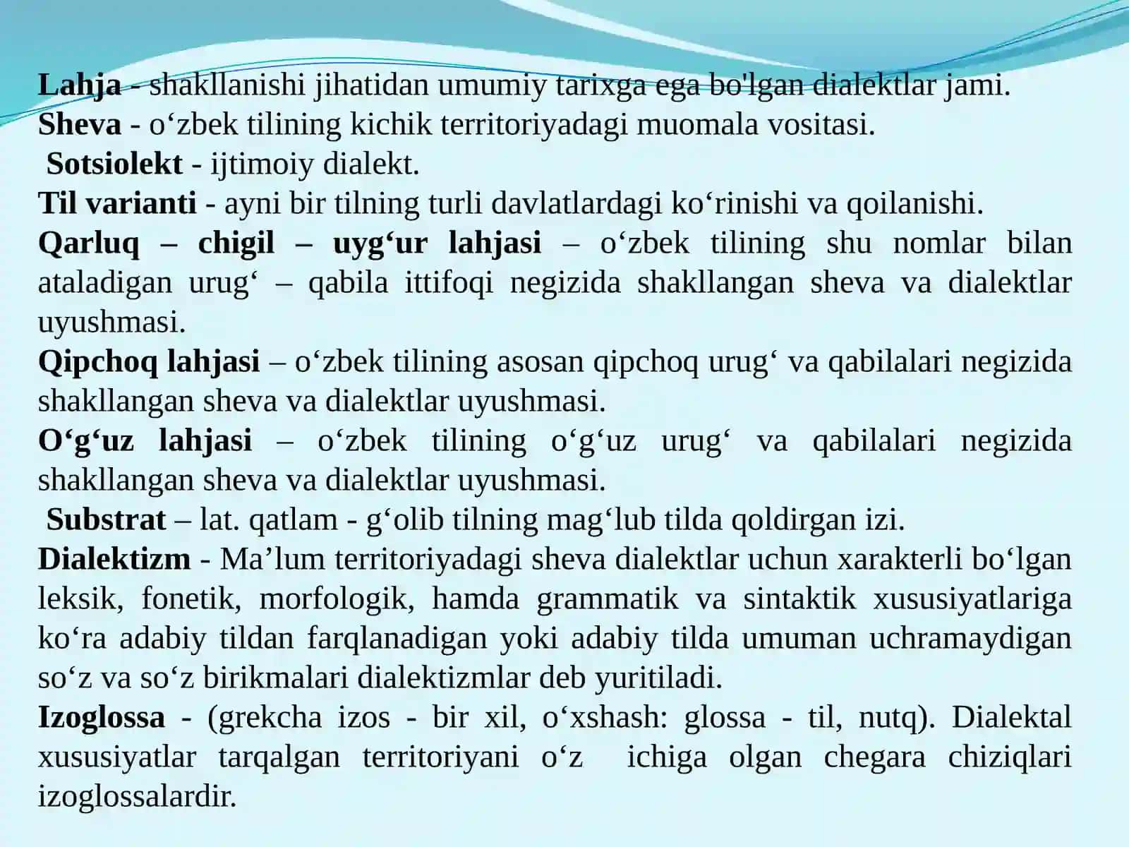 O‘zbek shevalarining grammatik xususiyatlari. Shevalarning morfologiyasi va sintaksisi. O‘zbek shevalari lug‘atchiligi. Dialektal lug‘atchilik tairixi. O‘zbek tili lahjalari 4