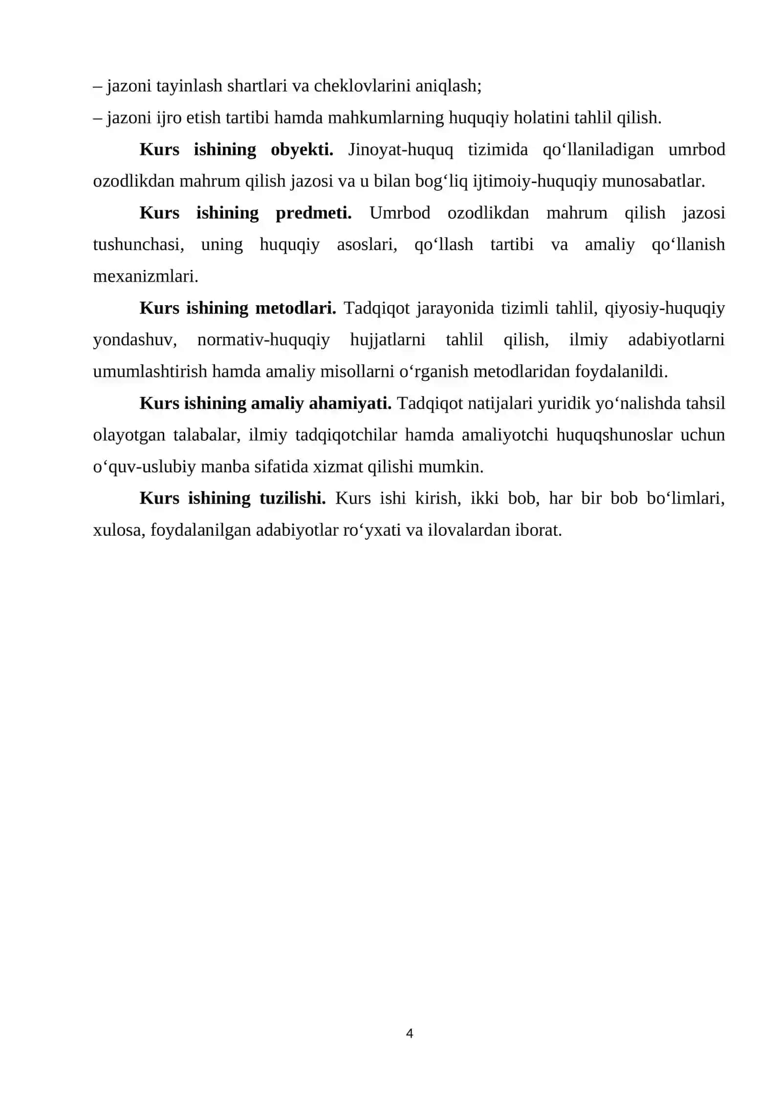 Umrbod ozodlikdan mahrum qilish jazosi tushunchasi, ushbu jazoni qo’llash asoslari 4